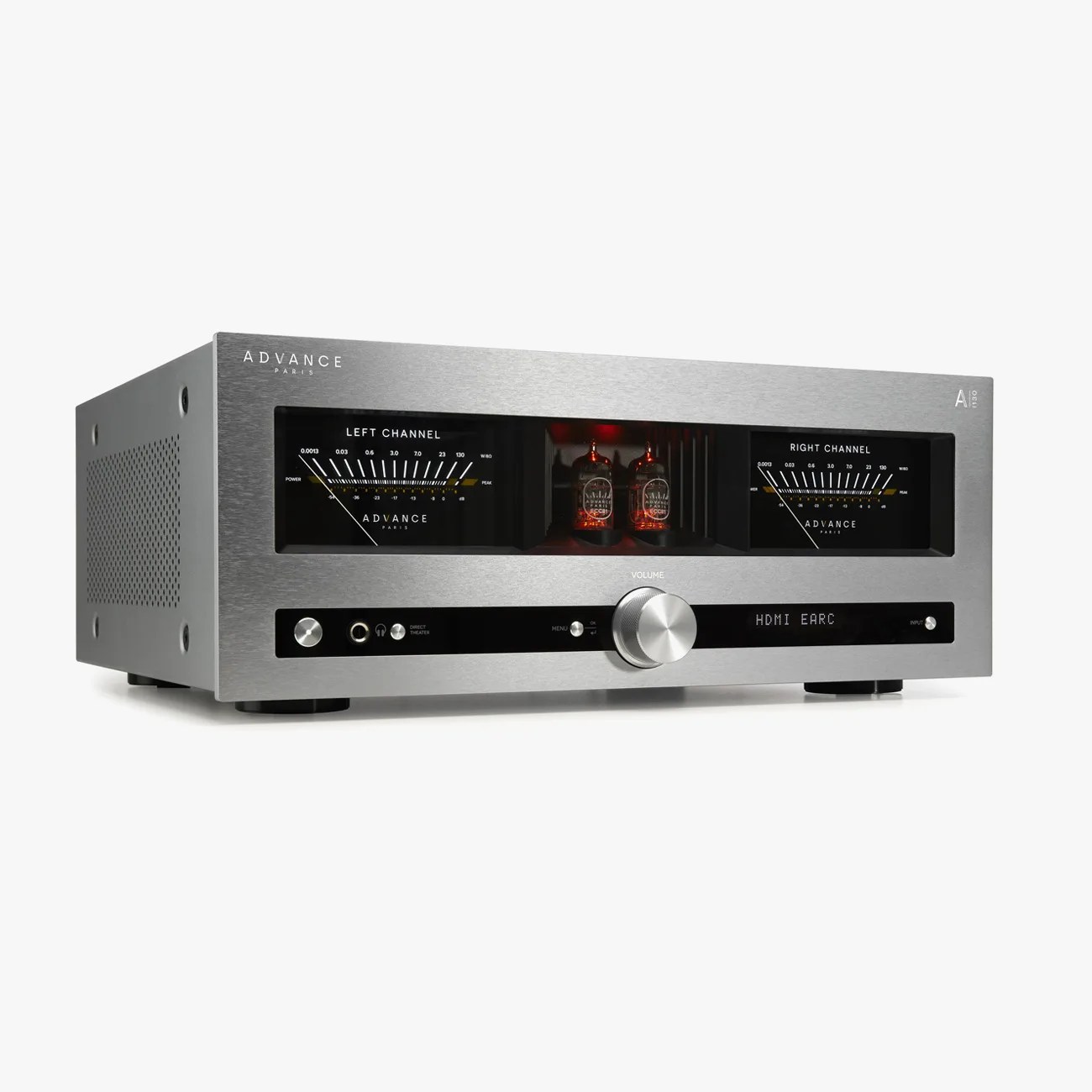 Silver Advance Paris audio amplifier with analog meters and glowing vacuum tubes.