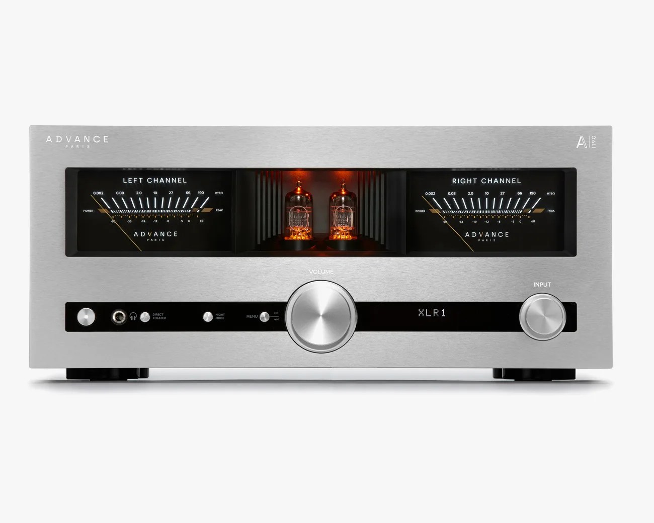 Silver Advance Paris audio amplifier with two analog VU meters and glowing vacuum tubes in the center.
