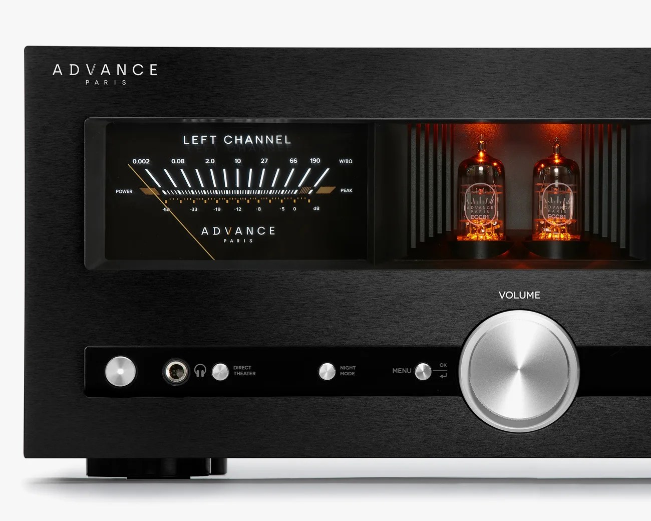 Black Advance Paris audio amplifier with illuminated left channel meter, two glowing vacuum tubes, and a large silver volume knob.