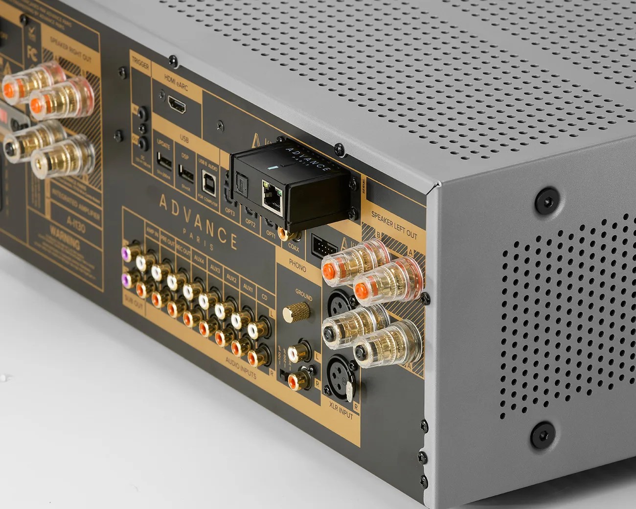 Rear panel of a gray Advance Paris audio amplifier with multiple RCA, speaker, USB, HDMI, and XLR input/output ports.