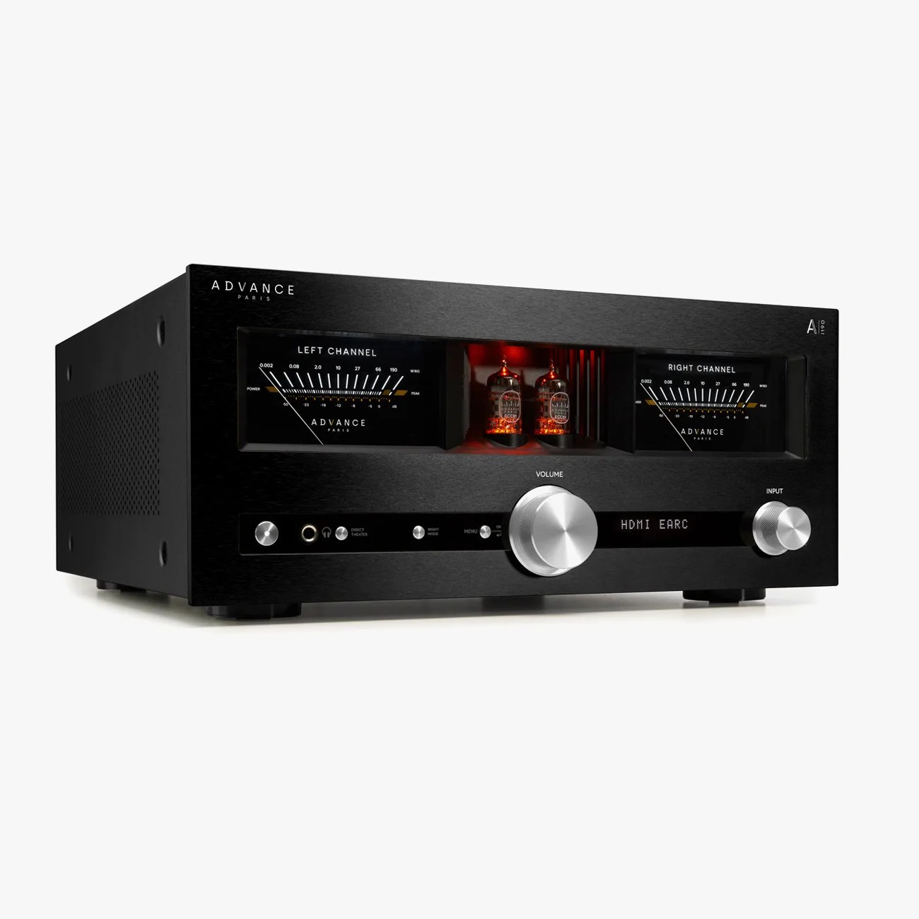 Black Advance Paris audio amplifier with two illuminated vacuum tubes and silver volume and input knobs.