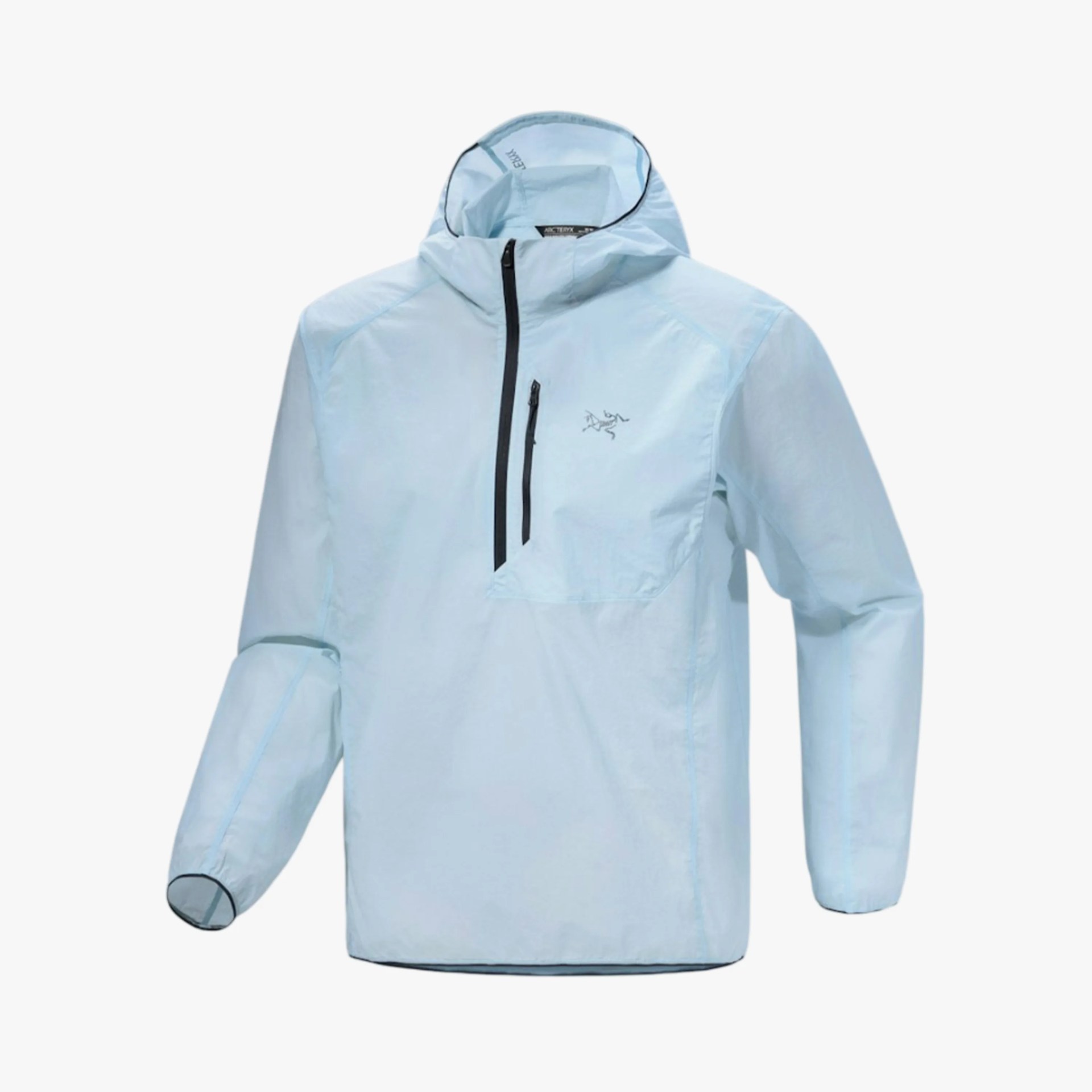 Light blue hooded jacket with black zipper and chest pocket, featuring a small logo on the chest.