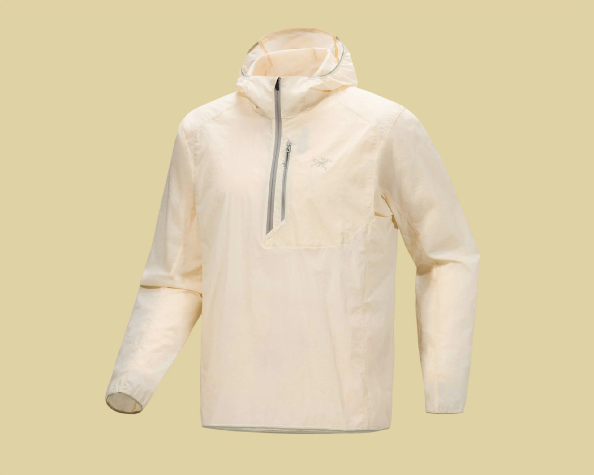 Light beige hooded pullover jacket with a vertical chest zipper pocket on a beige background.