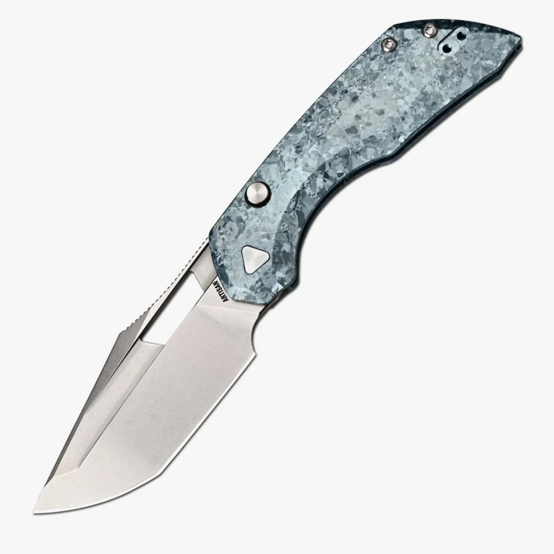 Folding knife with a textured blue-gray handle and a partially serrated stainless steel blade.