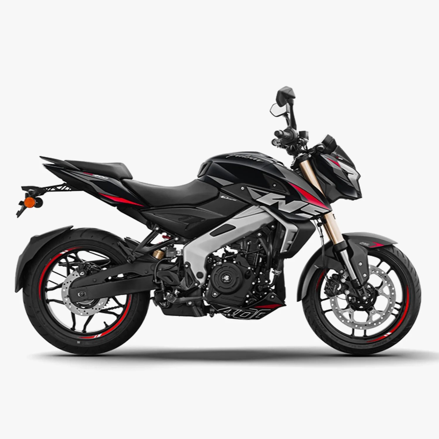 Black and silver sport motorcycle with red accents and disc brakes on both wheels.