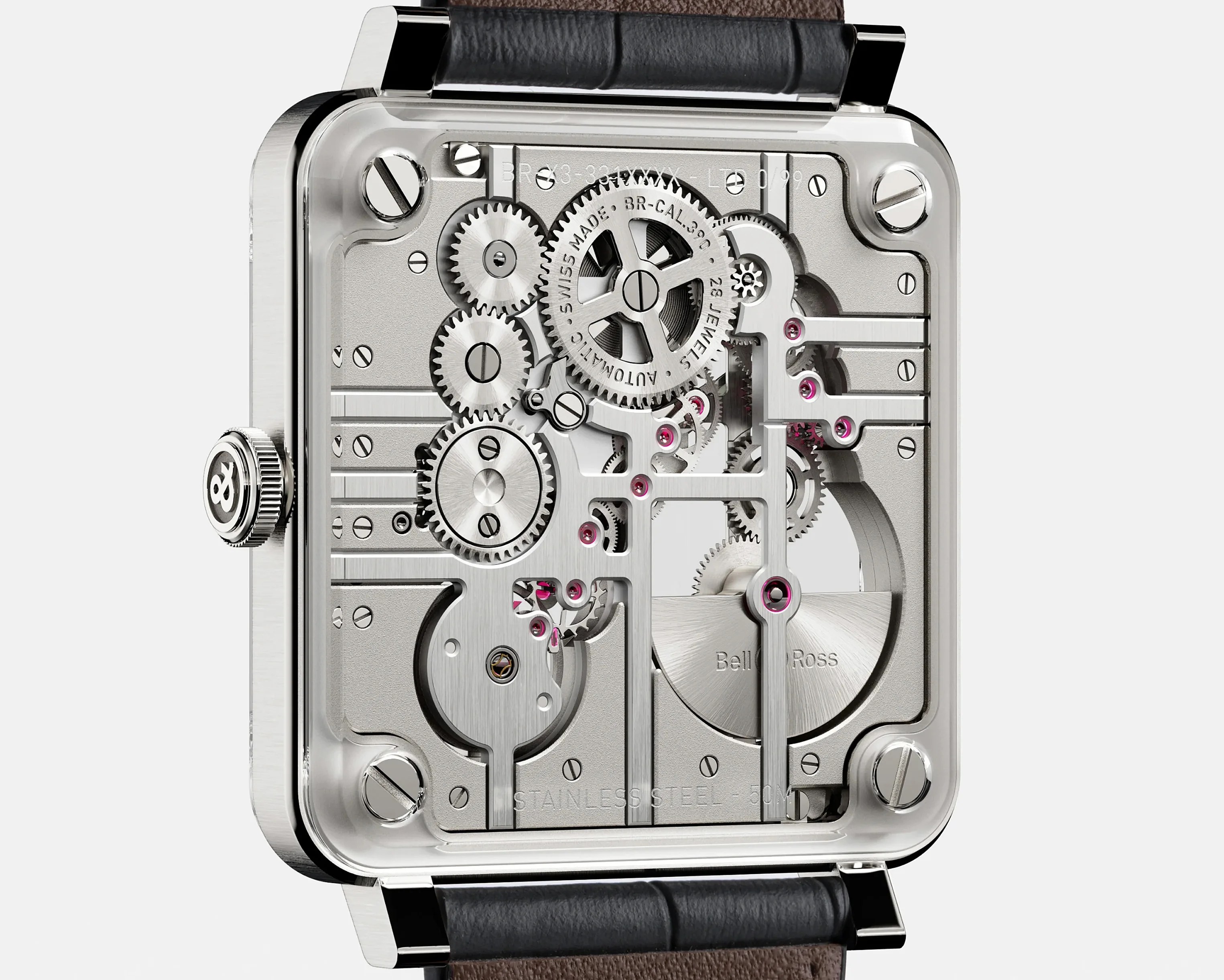 Square stainless steel watch case with visible mechanical gears and screws, black and brown leather strap.