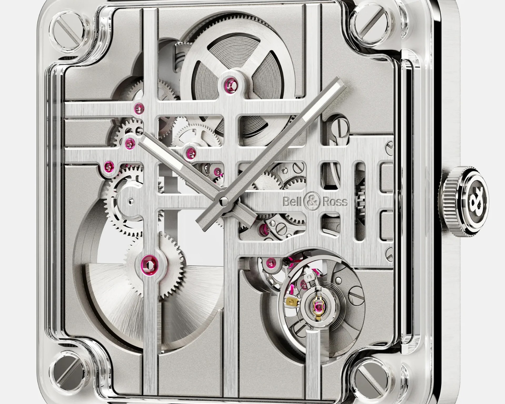 Close-up of a transparent Bell & Ross mechanical watch showing silver gears and pink jewel bearings.