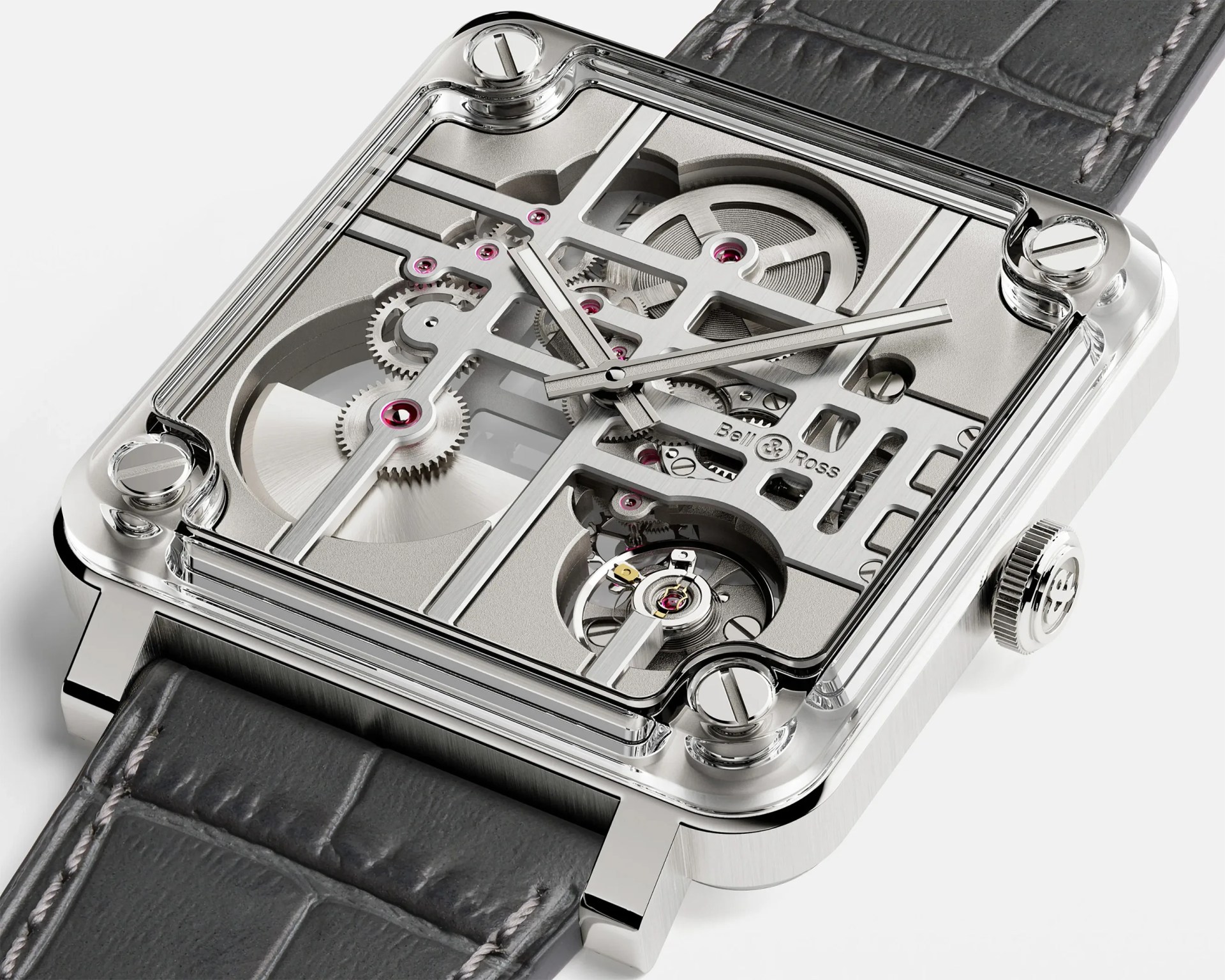 Square silver skeleton watch with visible gears, screws, and "Bell & Ross" engraving, paired with a black leather strap.