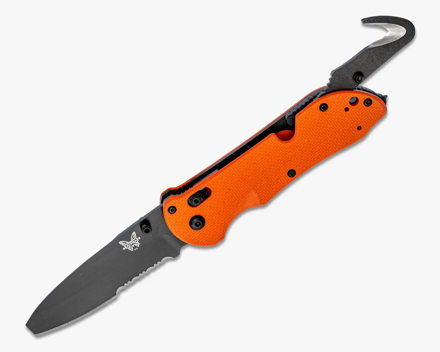 Folding rescue knife with partially serrated black blade and bright orange textured handle with hook blade opener.