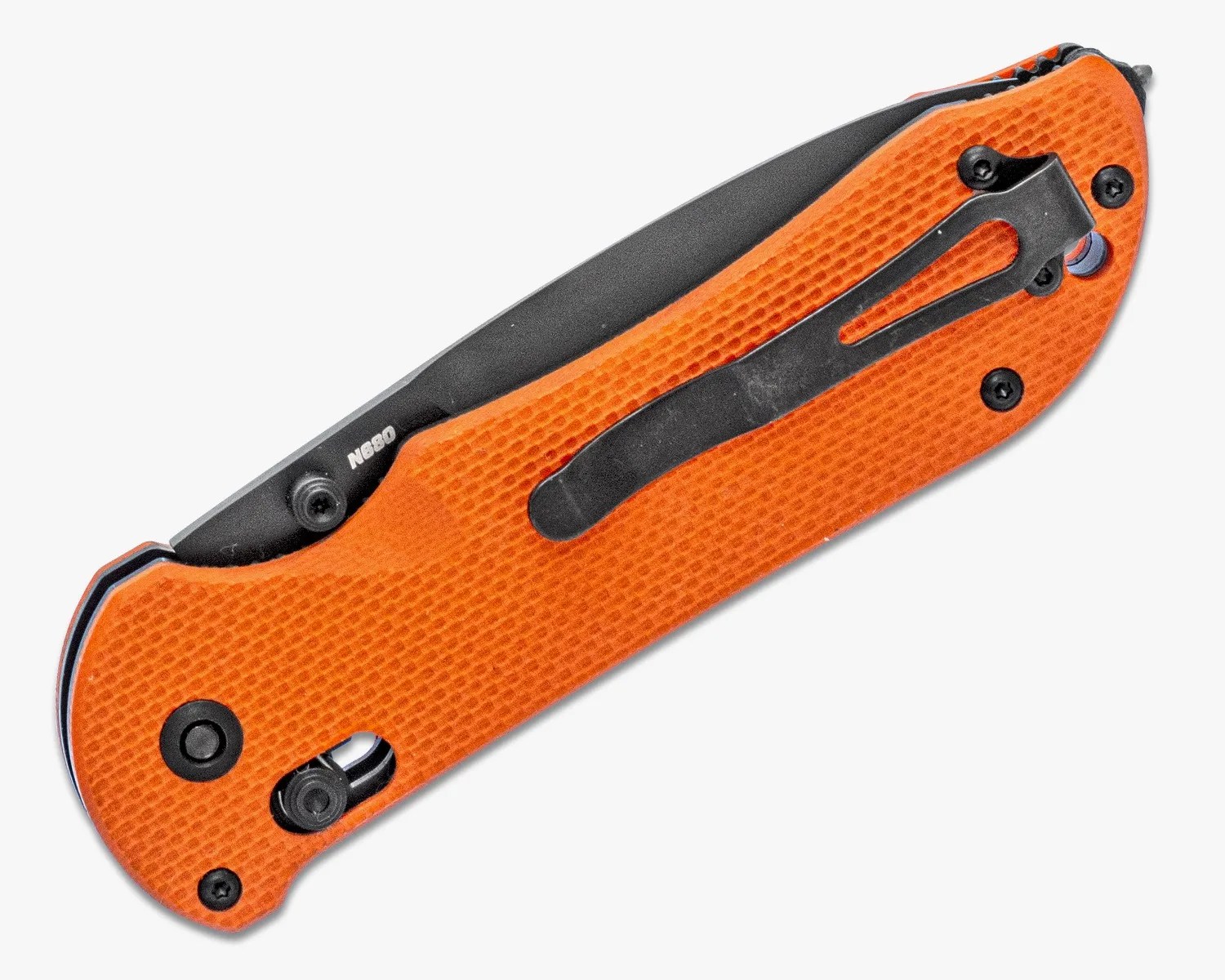 Folded pocket knife with textured bright orange handle and black metal clip.