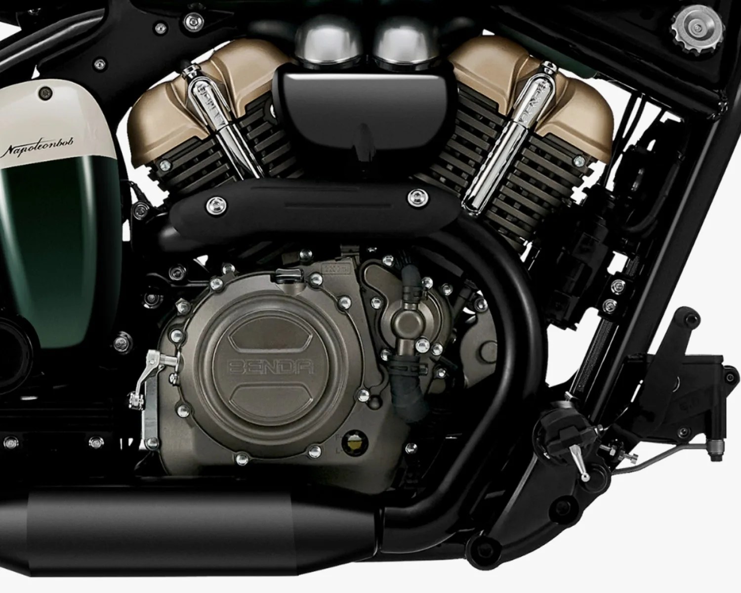Close-up of a motorcycle engine with bronze cylinder heads, black exhaust pipes, and a green and cream fuel tank labeled "Napoleonbob.