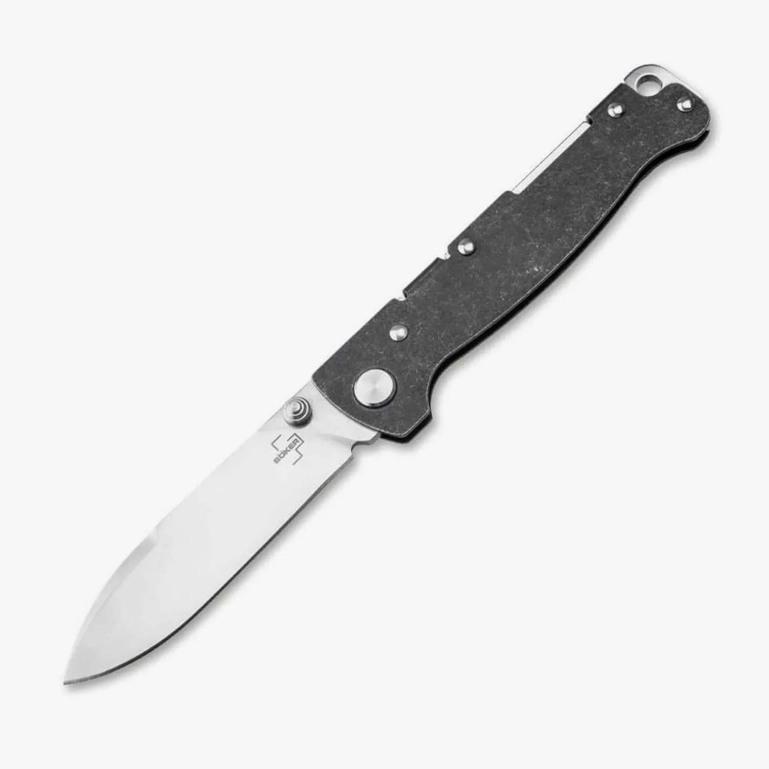 Folding pocket knife with a stainless steel blade and a textured black handle.