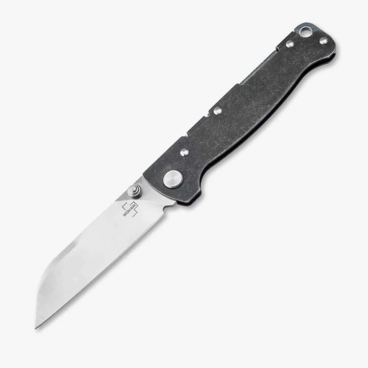 Folding knife with a straight-edged stainless steel blade and a black textured handle.