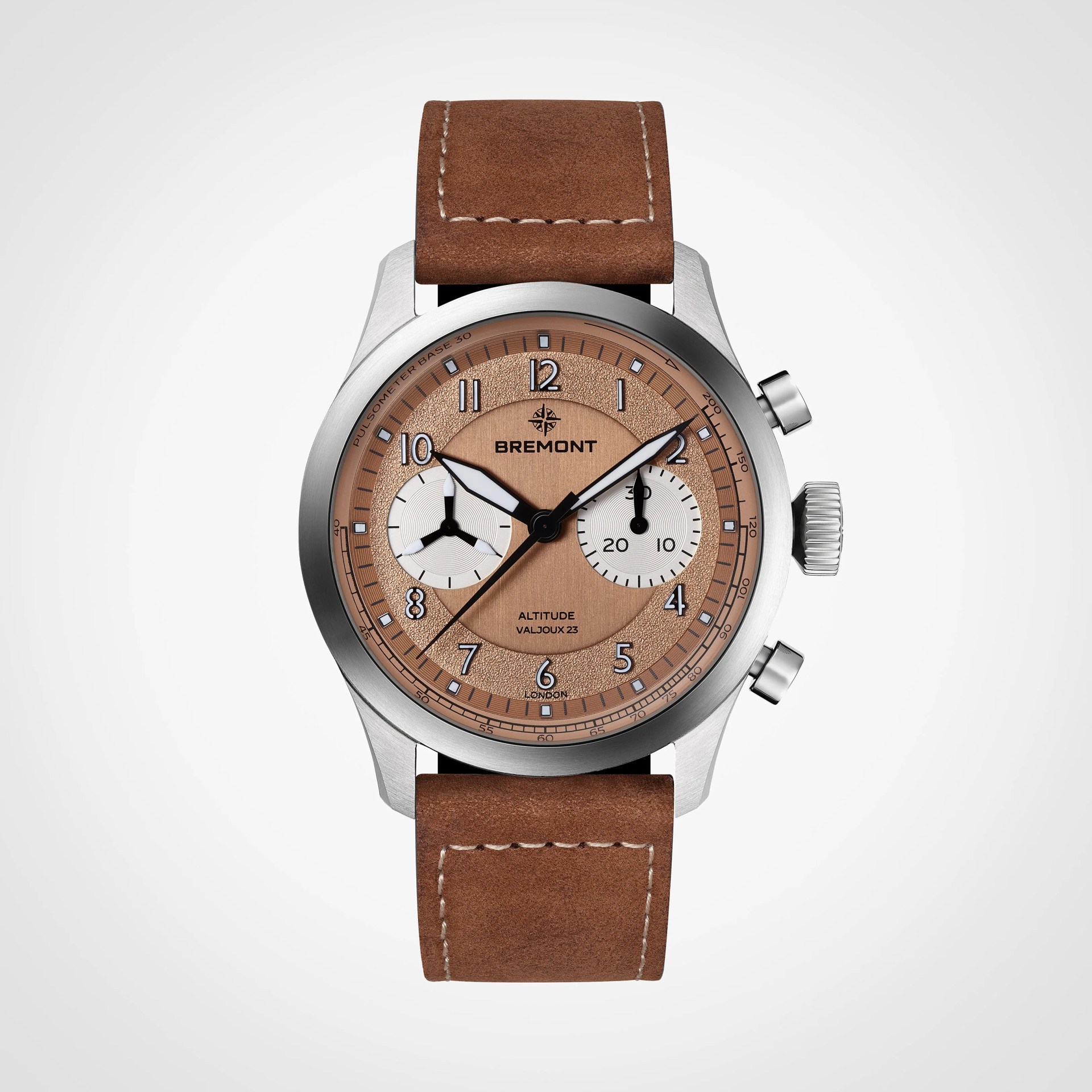 Silver Bremont chronograph watch with copper textured dial and brown leather strap.