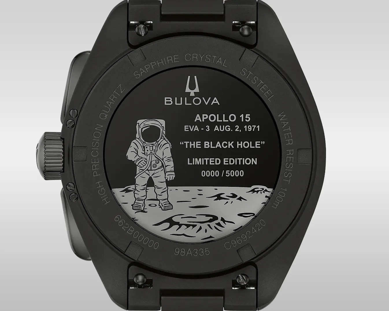 Black Bulova watch backplate engraved with an astronaut on the moon, Apollo 15, limited edition 0000/5000.
