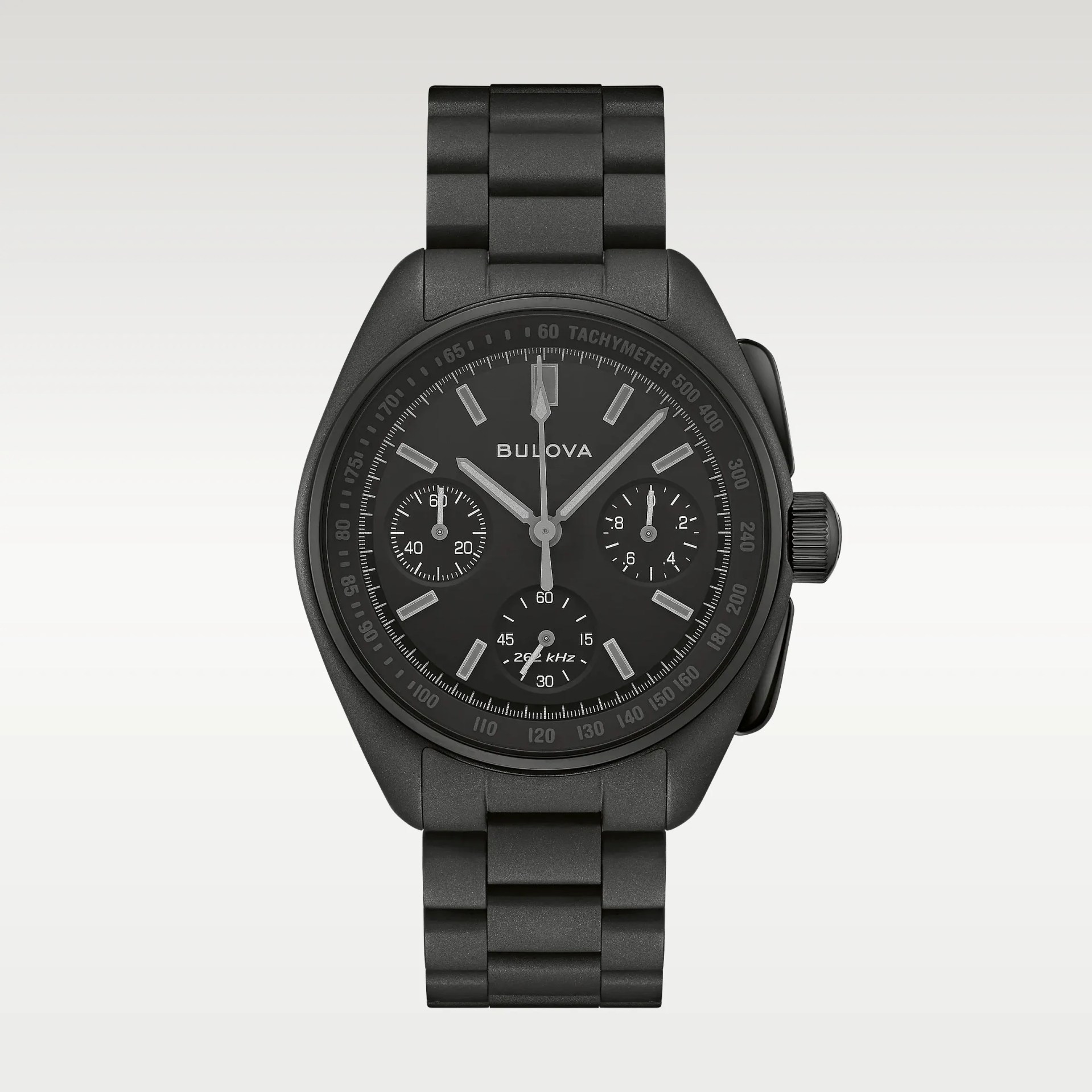 Black Bulova chronograph watch with matte finish metal bracelet and tachymeter bezel.