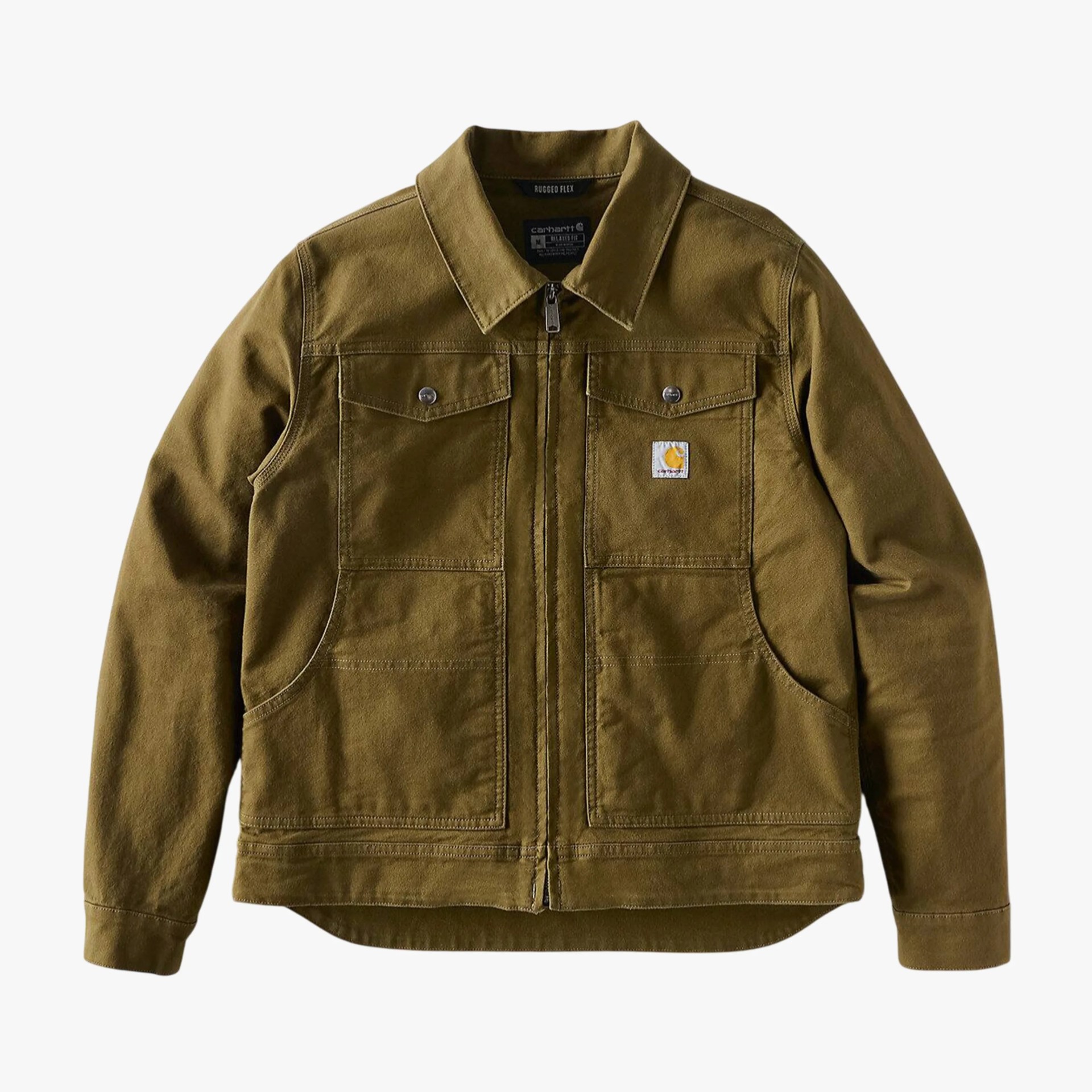 Olive green Carhartt zip-up work jacket with chest flap pockets and logo patch.