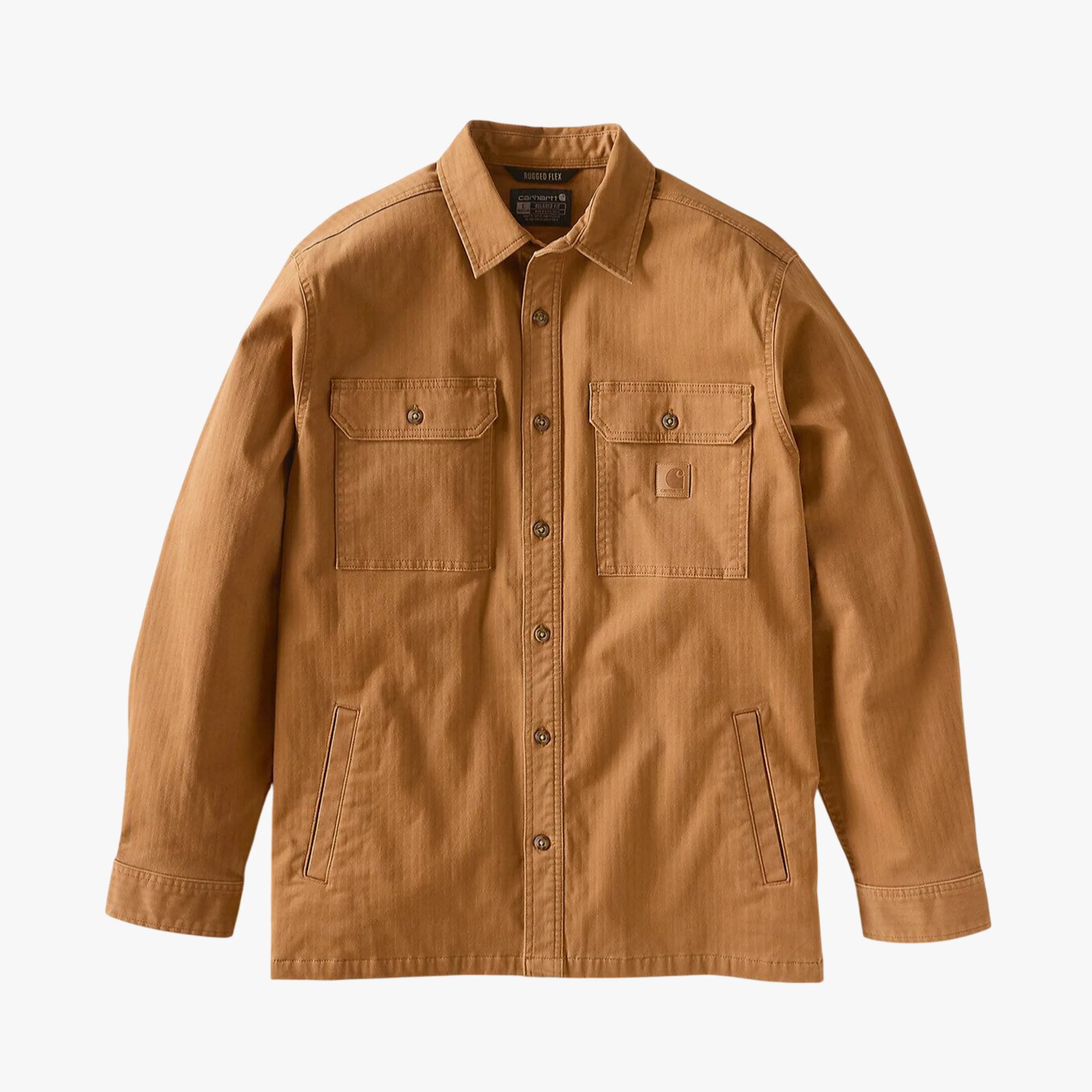 Brown button-up work jacket with two chest flap pockets and side hand pockets.