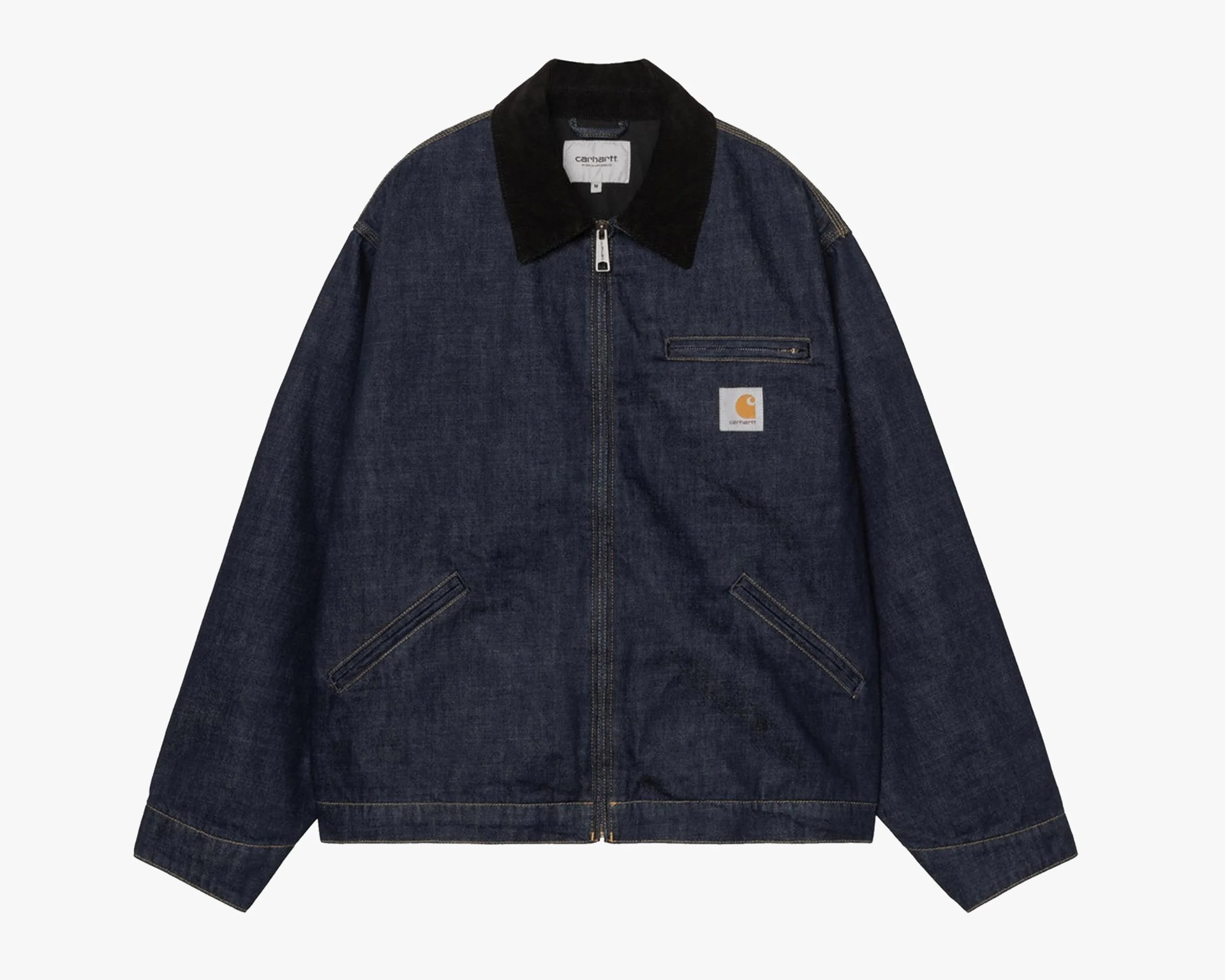 Dark blue denim jacket with black collar, front zipper, and Carhartt logo patch on chest pocket.