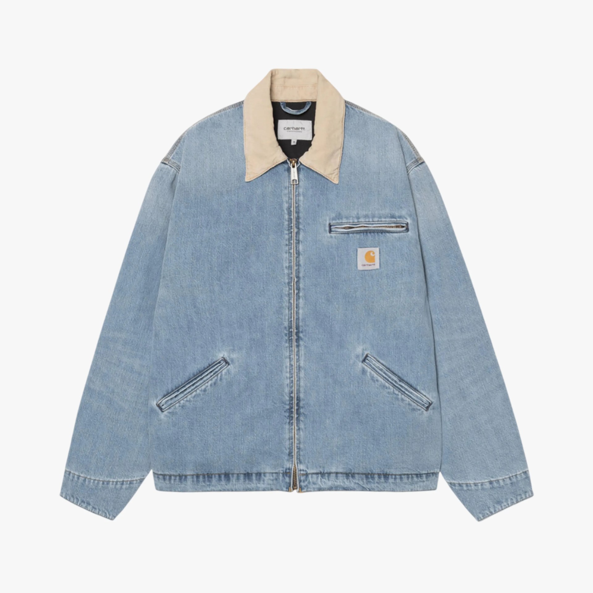 Light blue denim jacket with beige collar, front zipper, and zippered chest pocket with Carhartt logo patch.