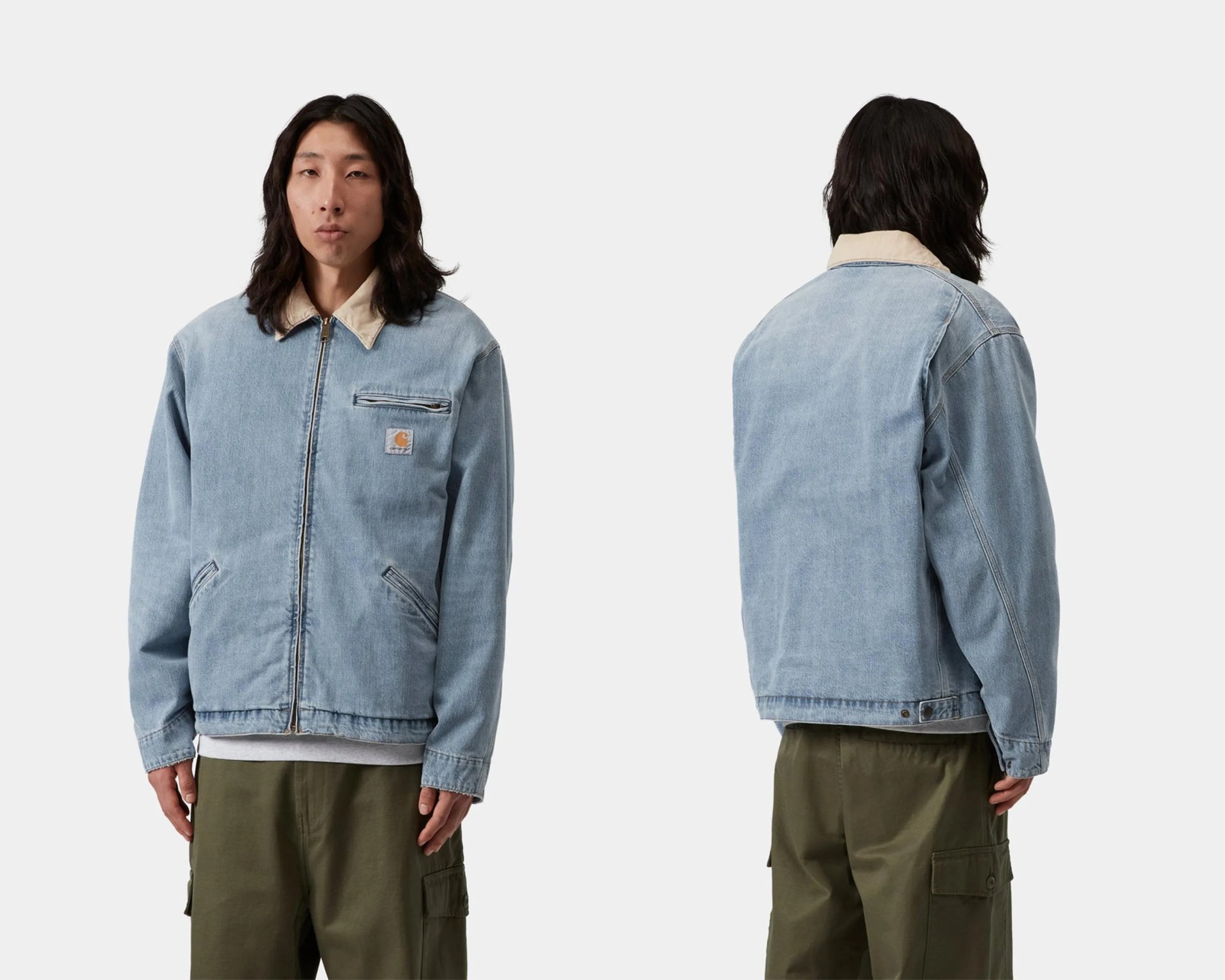 Light blue denim jacket with beige collar and front zipper worn by a person, shown from front and back.
