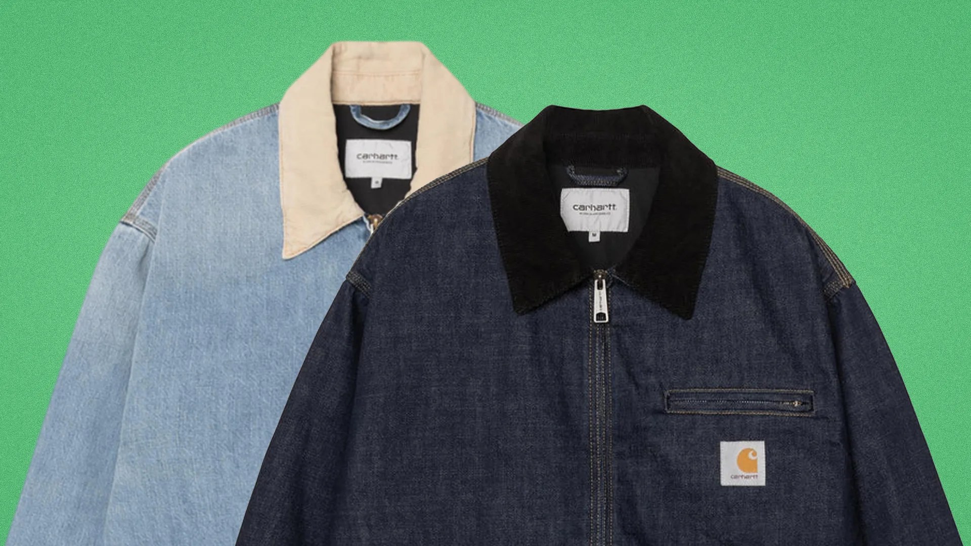 Two Carhartt denim jackets, one light blue with a beige collar and one dark blue with a black collar and front zipper pocket.