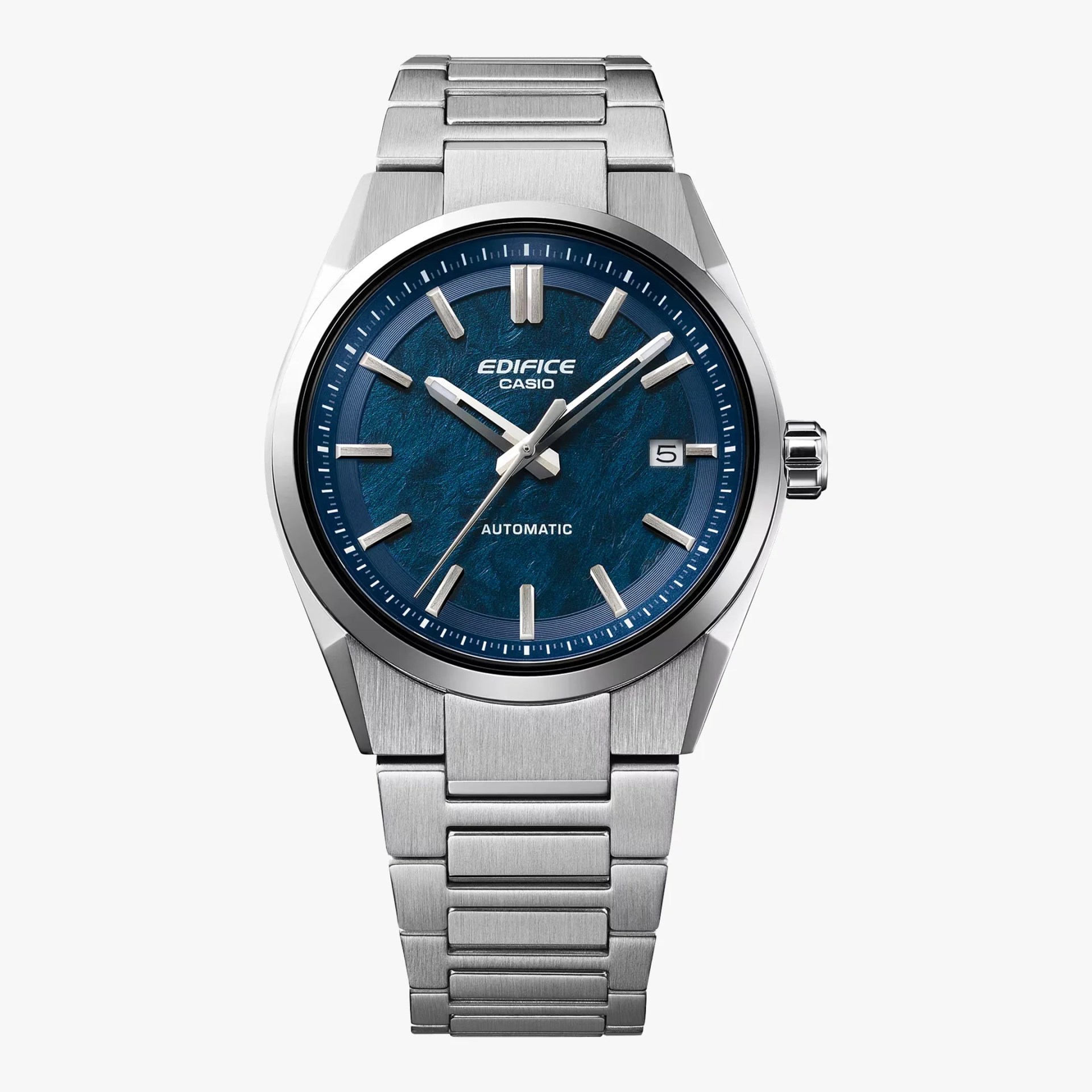 Silver stainless steel Casio Edifice wristwatch with a textured blue dial and date display at 3 o'clock.
