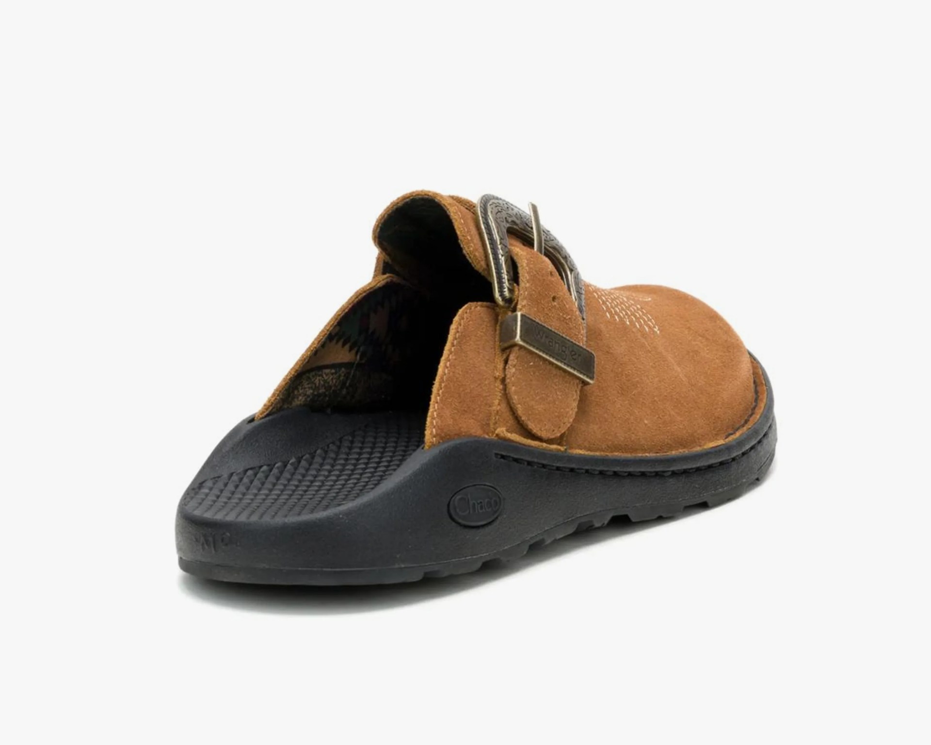 Brown suede sandal with black textured sole and metal buckle strap.