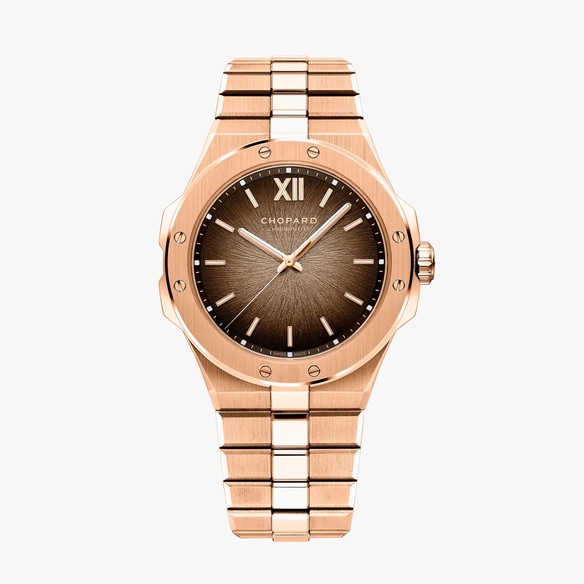 Rose gold metal wristwatch with a brown sunburst dial and Roman numeral XII at the top.