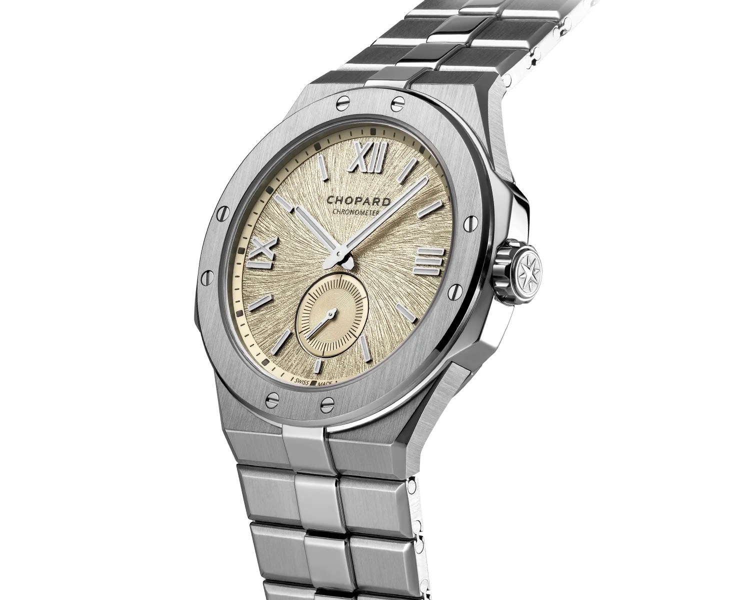 Silver stainless steel Chopard wristwatch with textured beige dial, Roman numerals, and a small seconds subdial.