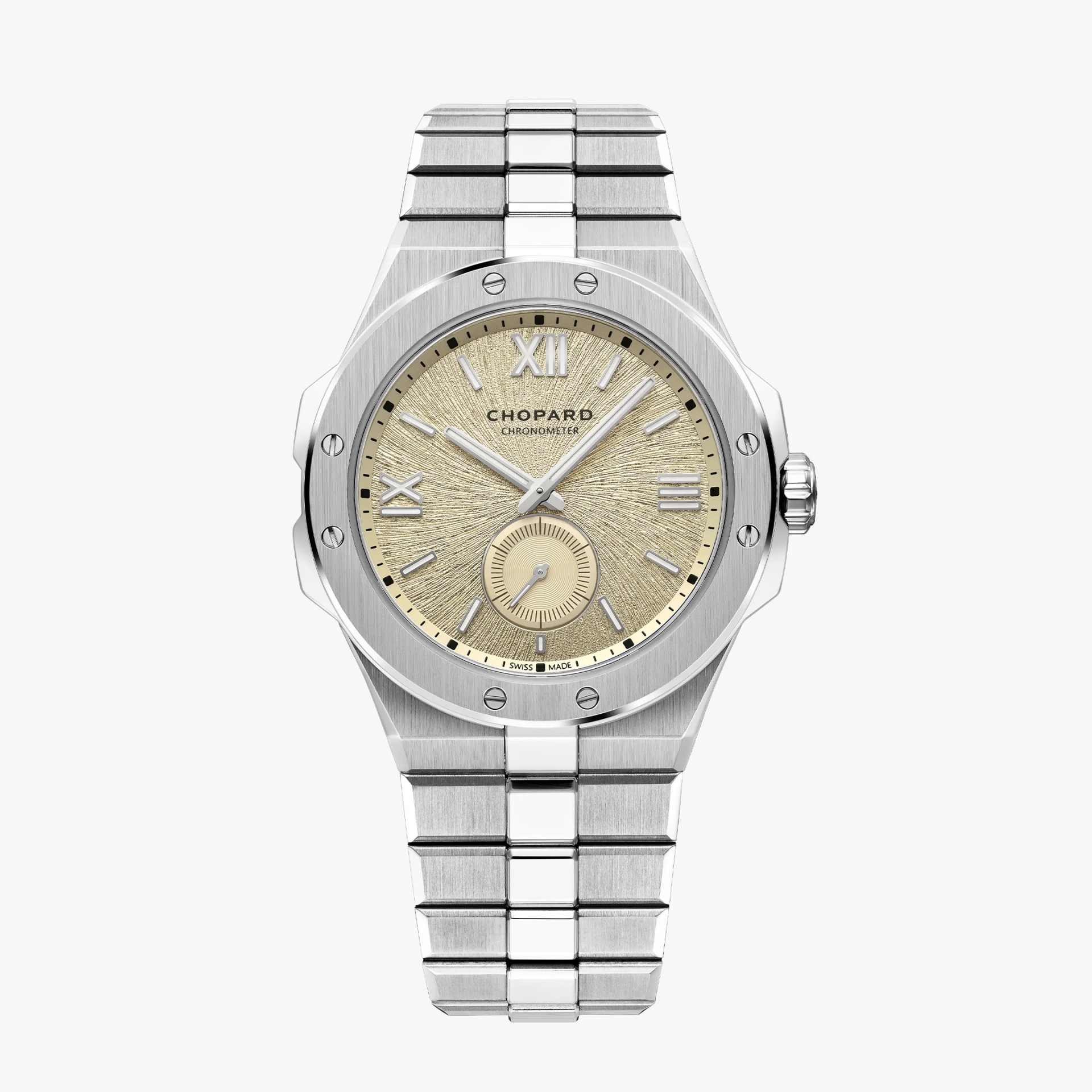 Silver stainless steel Chopard wristwatch with textured beige dial and Roman numeral markers.
