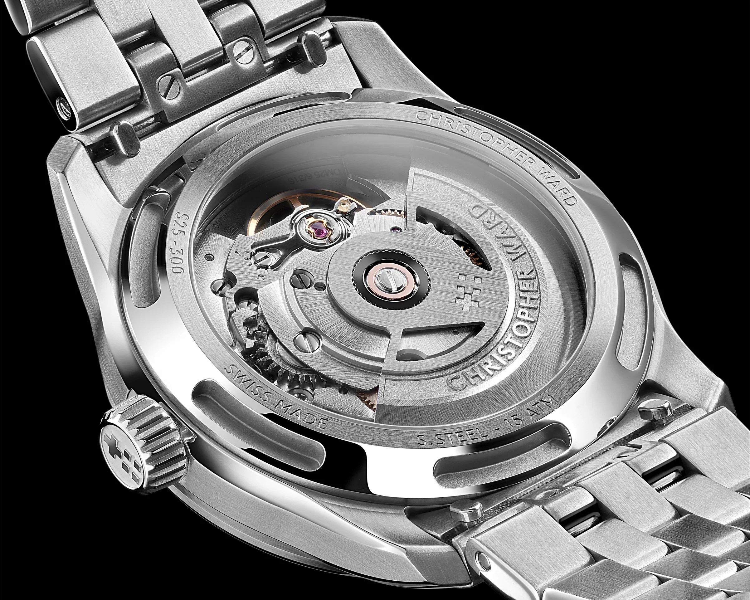 Close-up of the stainless steel Christopher Ward watch back showing the automatic movement and engraved details.
