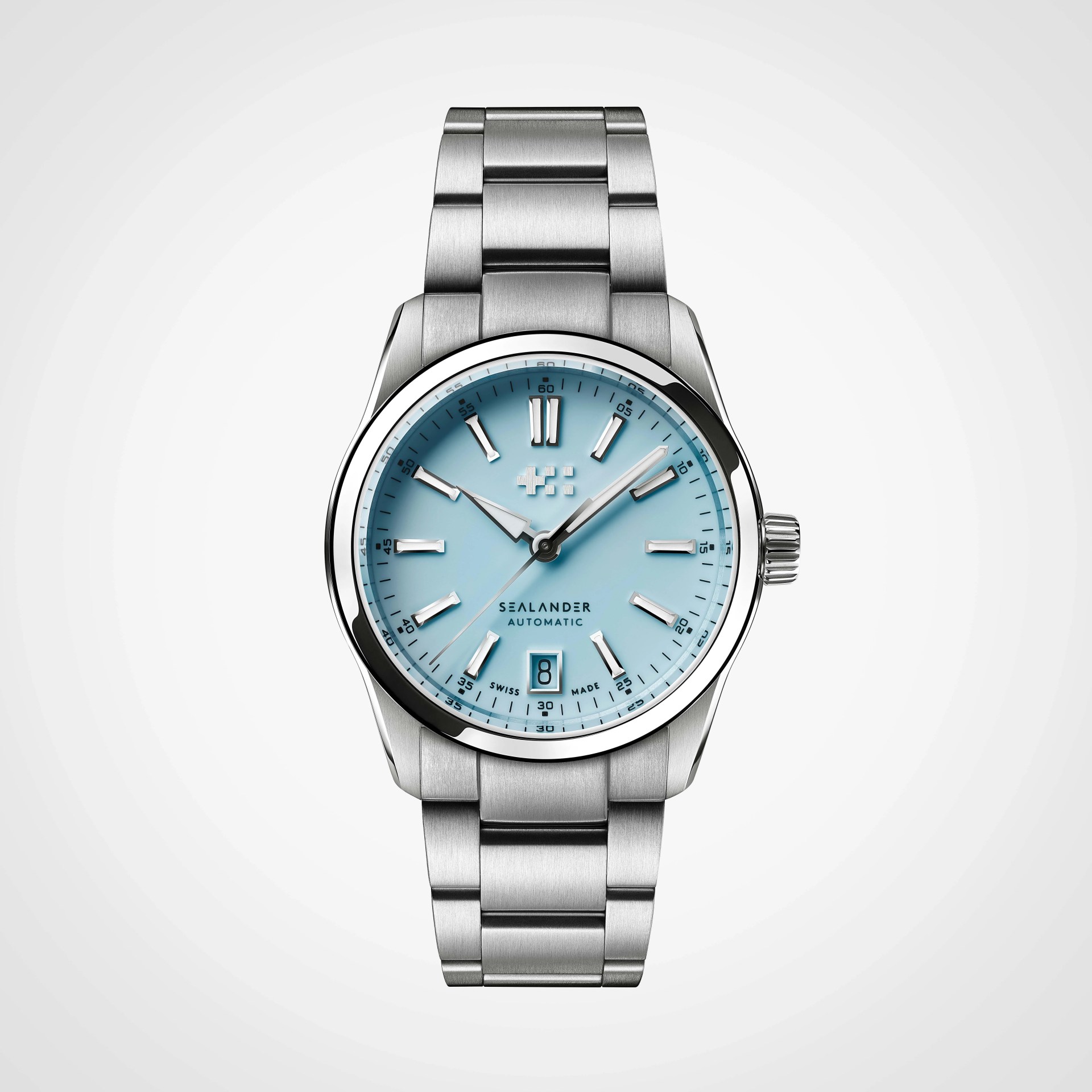 Stainless steel wristwatch with a light blue dial, silver hour markers, and a date window at 6 o'clock.