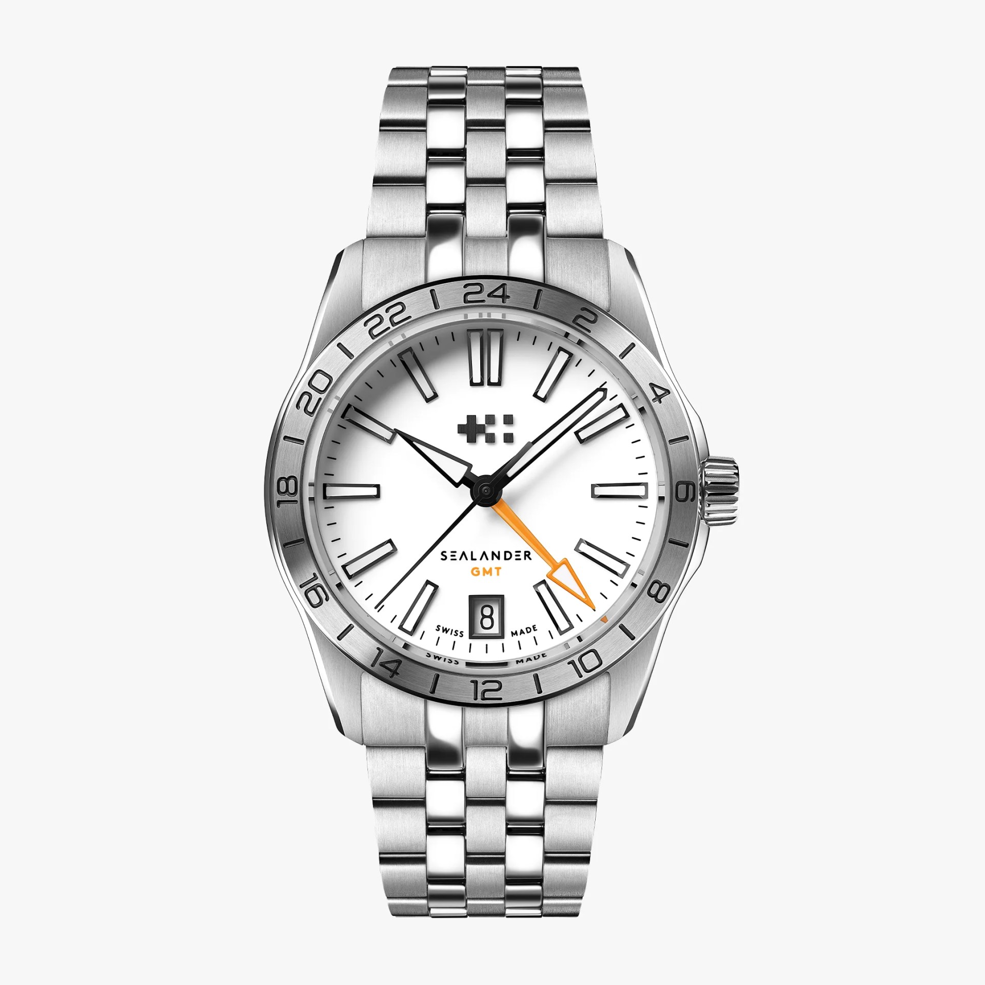 Stainless steel GMT wristwatch with white dial, black hour markers, orange GMT hand, and date window at 6 o'clock.