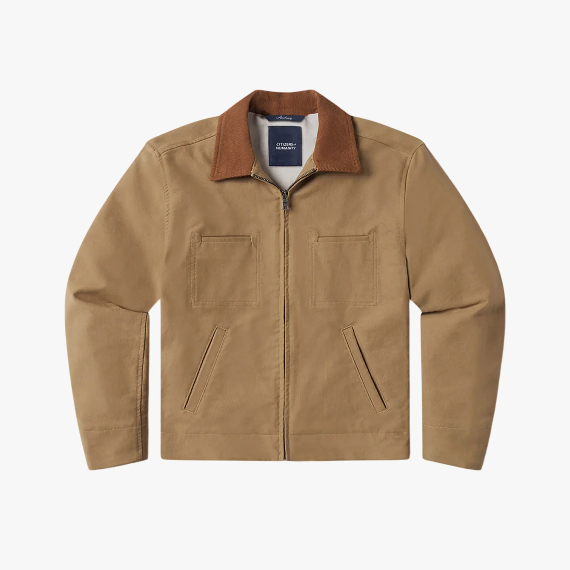 Tan zip-up jacket with brown corduroy collar and front pockets.