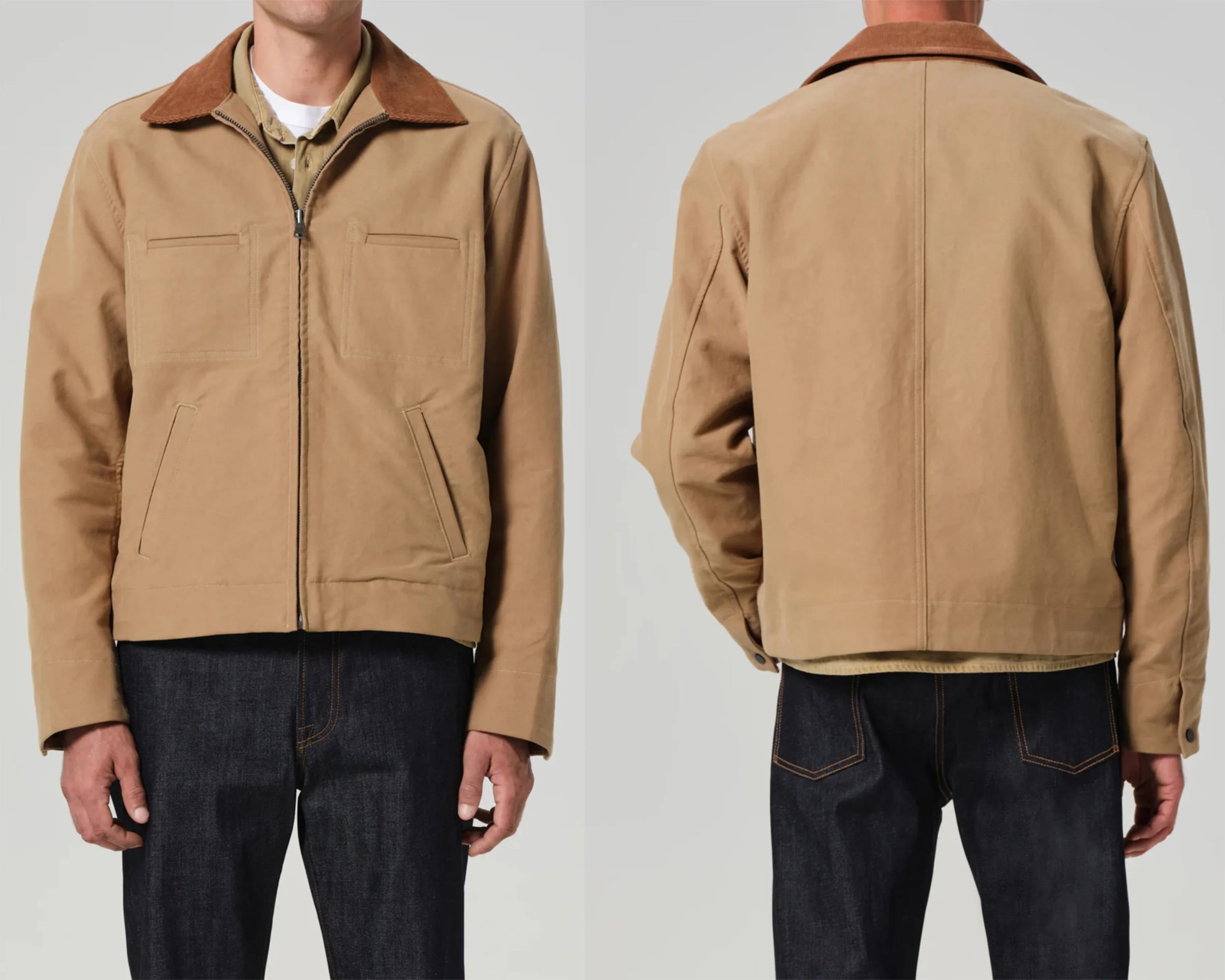 Tan zip-up jacket with brown corduroy collar and front and side pockets, shown from front and back.