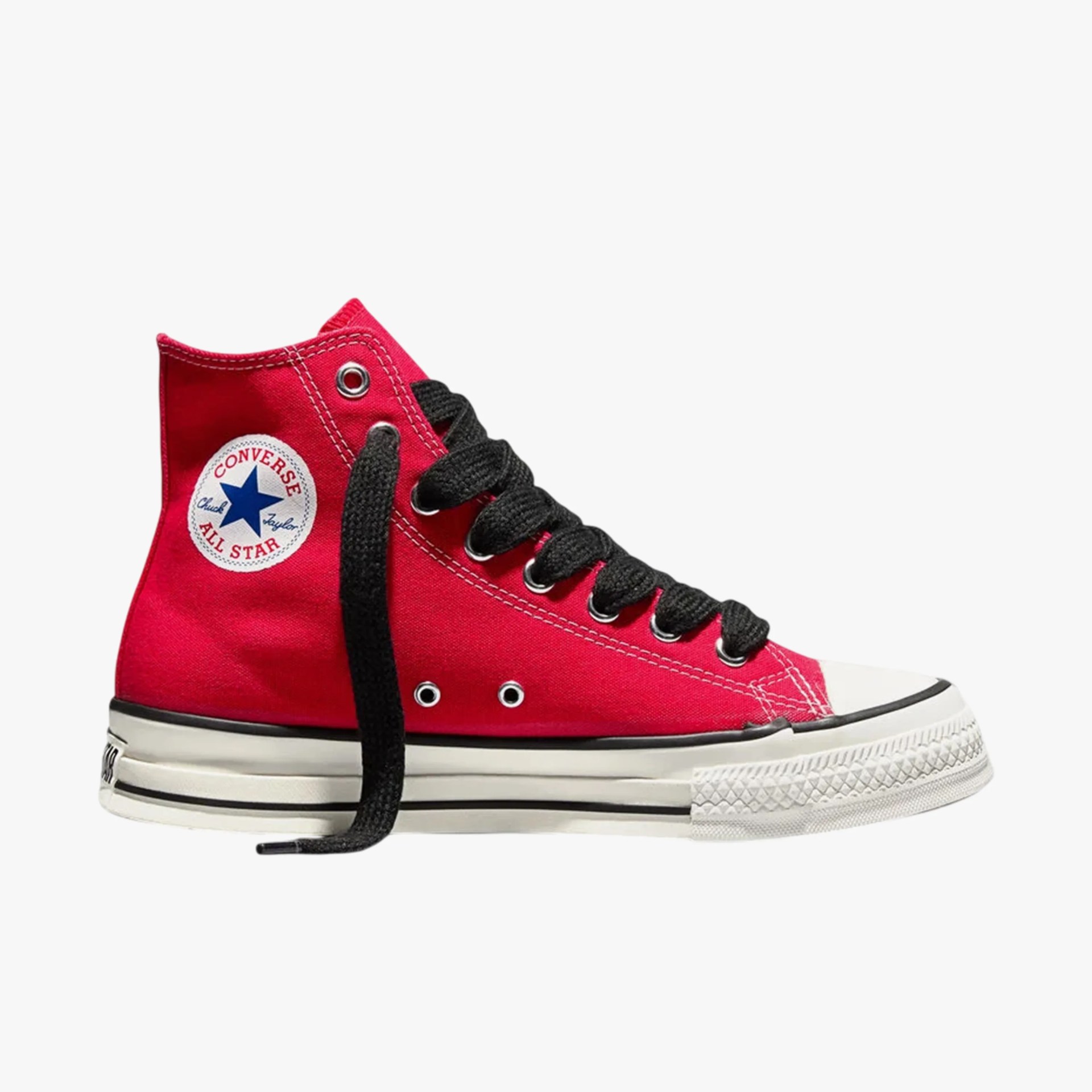 Red high-top Converse All Star sneaker with black laces and white rubber sole.