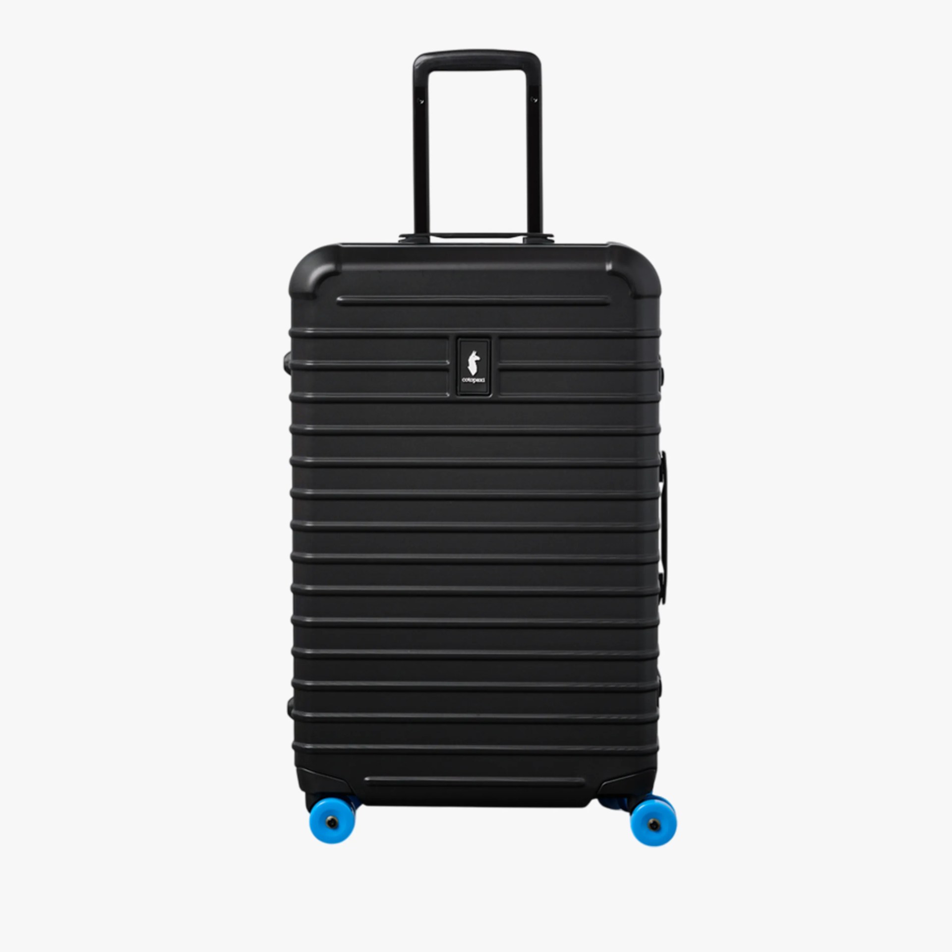 Black hard-shell suitcase with horizontal ridges, blue wheels, and a telescoping handle extended.