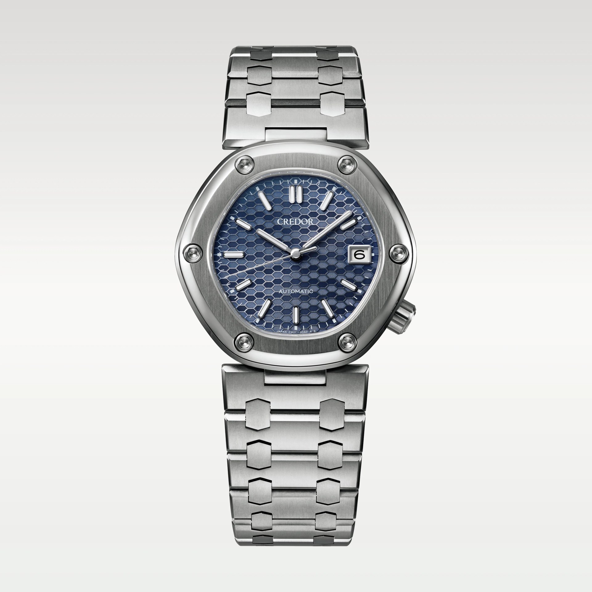 Silver stainless steel wristwatch with hexagonal blue textured dial and date window at 3 o'clock.