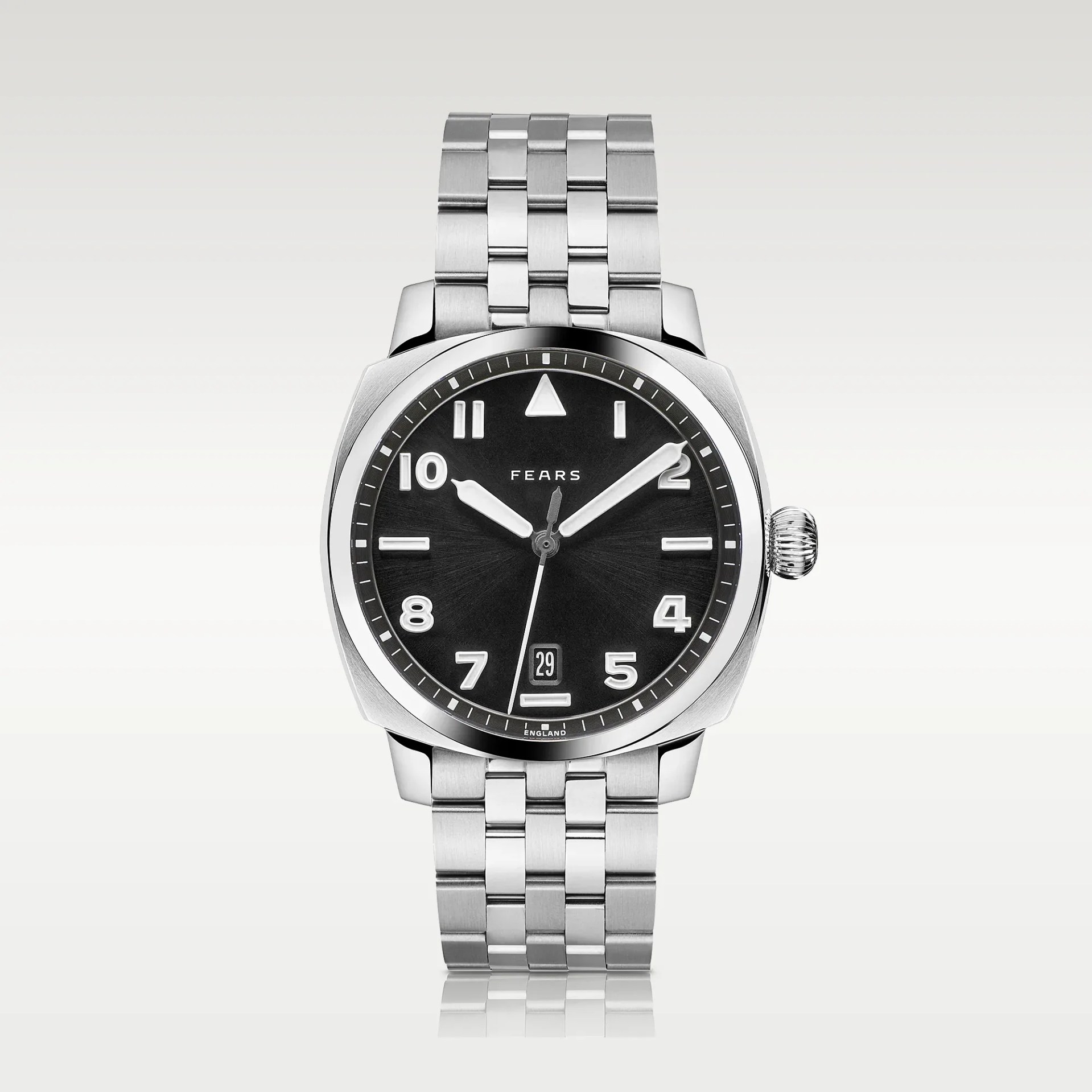 Stainless steel wristwatch with black dial, white numerals, date window at 6 o'clock, and metal link bracelet.