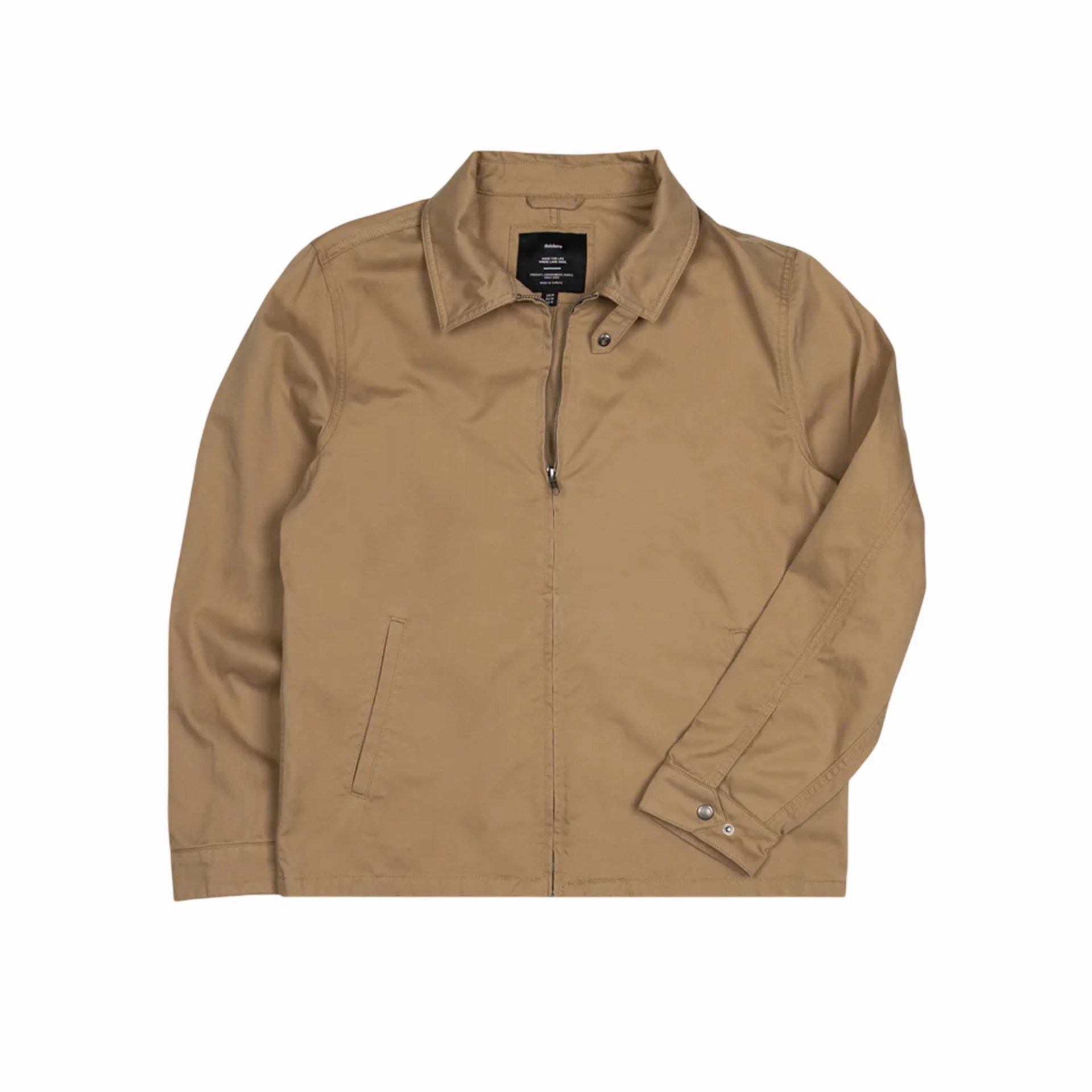 Tan cotton jacket with a front zipper and snap button cuffs.