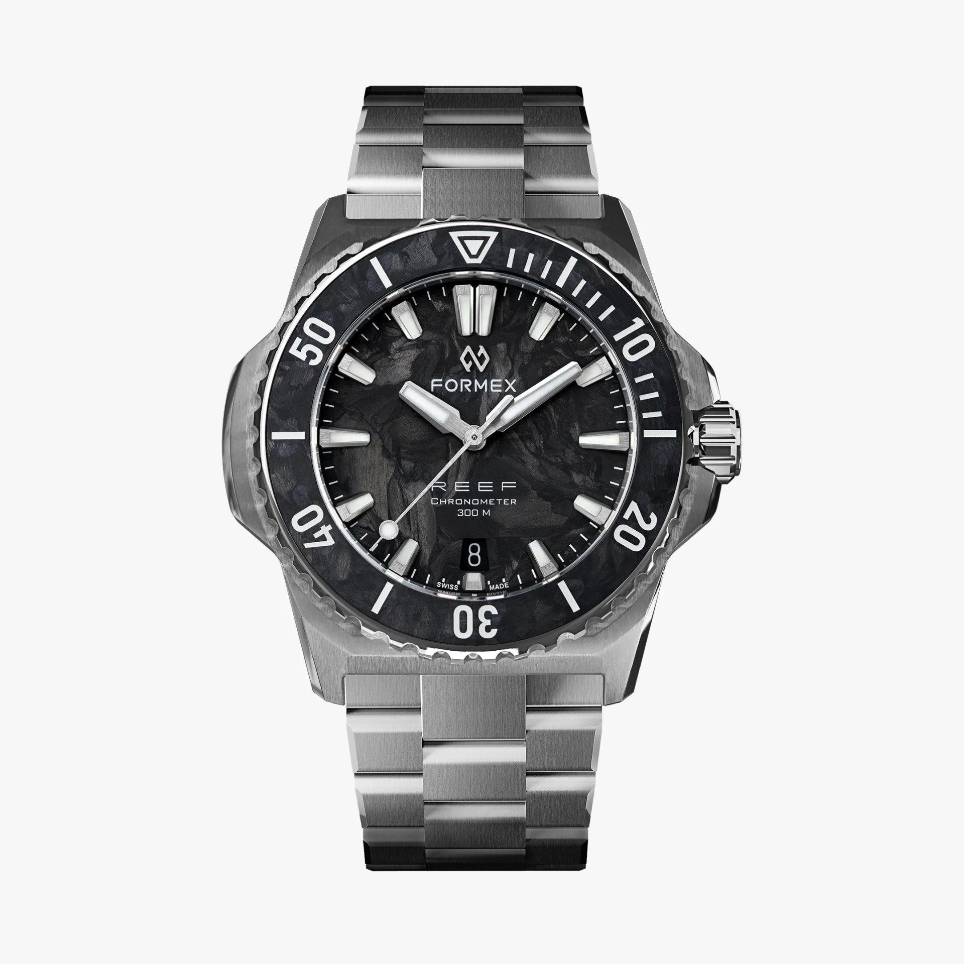 Stainless steel Formex Reef chronometer watch with black marbled dial and rotating bezel.