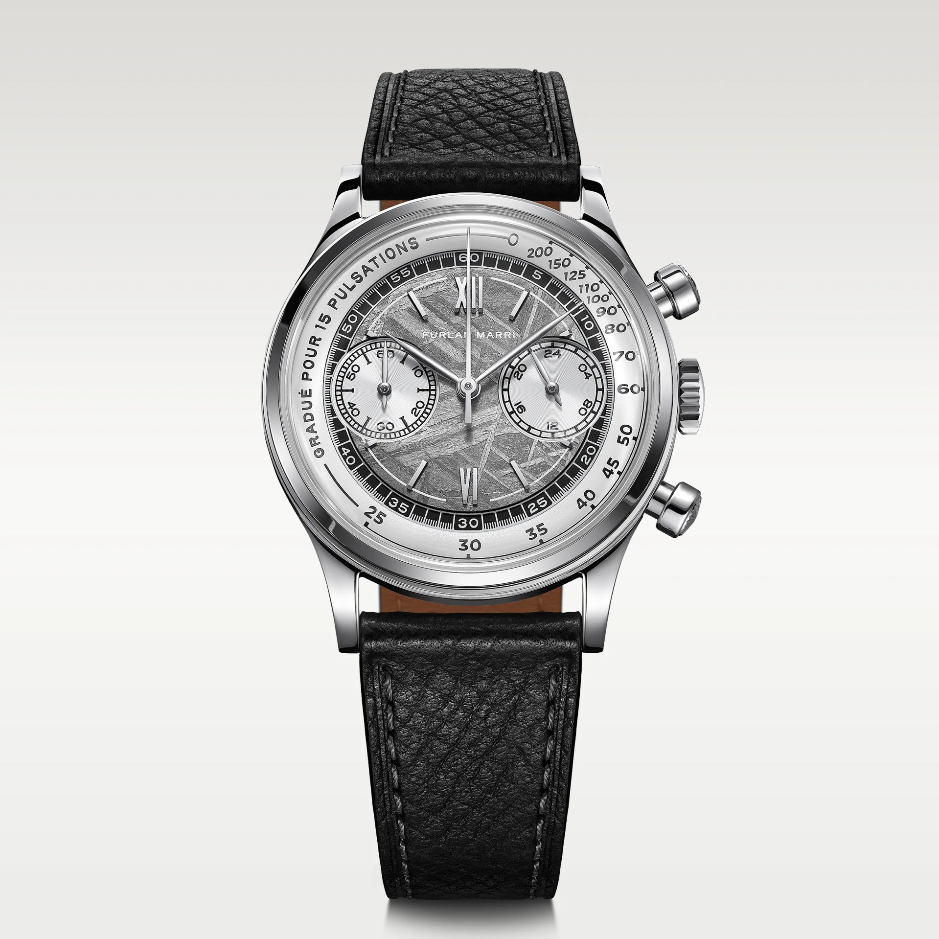 Silver chronograph wristwatch with black leather strap and textured gray dial showing two subdials and Roman numerals.