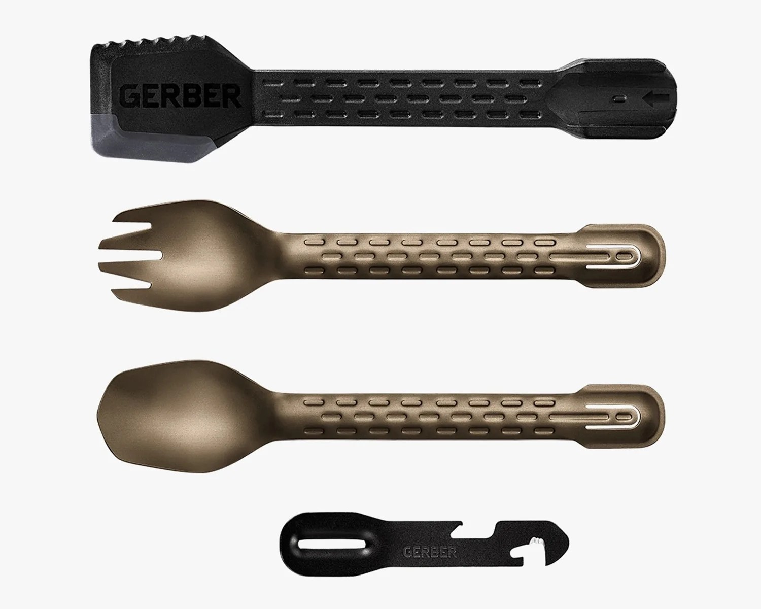 Set of four camping utensils including a black multi-tool, bronze spork, bronze spoon, and black bottle opener.