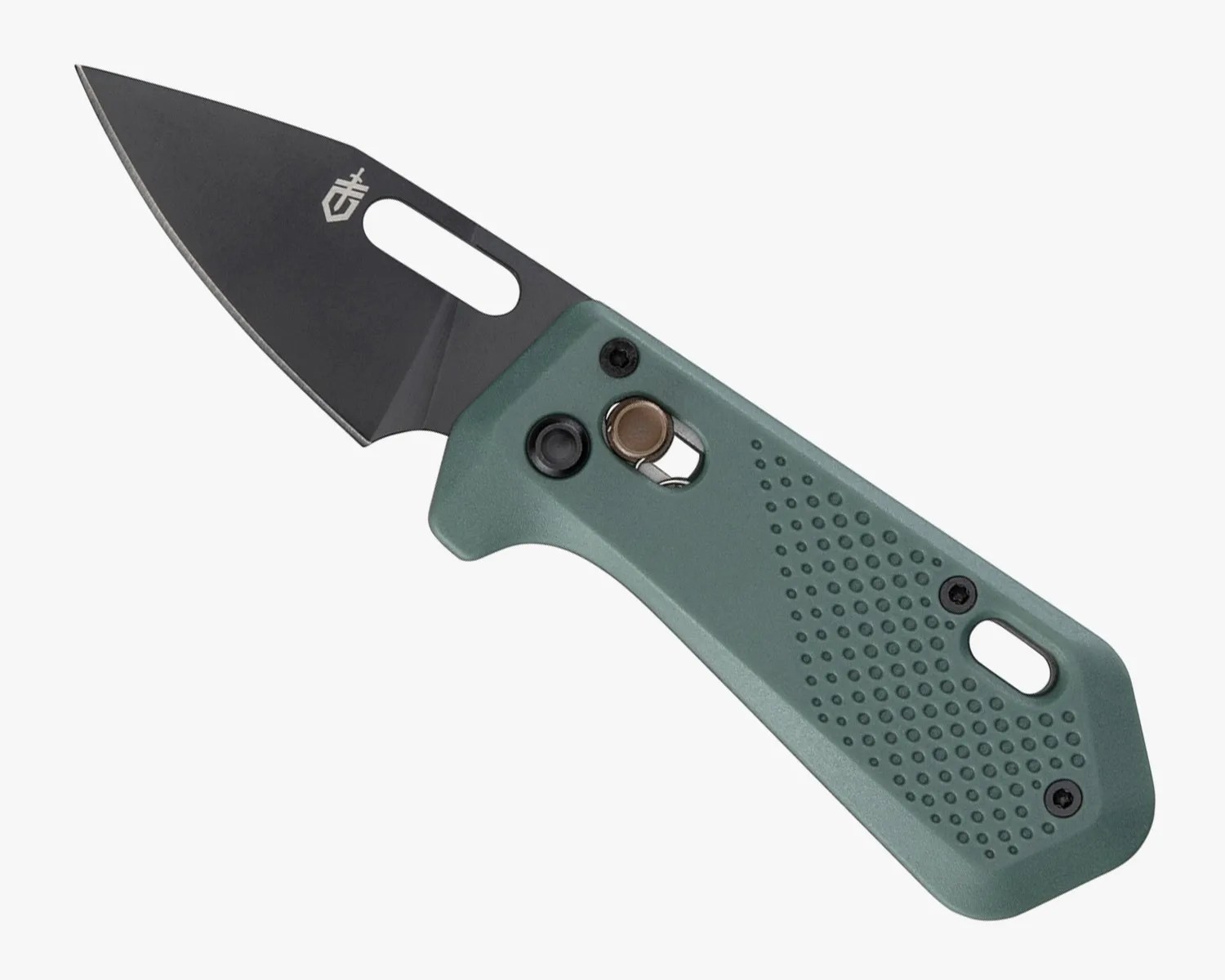 Folding pocket knife with black blade and textured green handle featuring a thumb hole and locking mechanism.