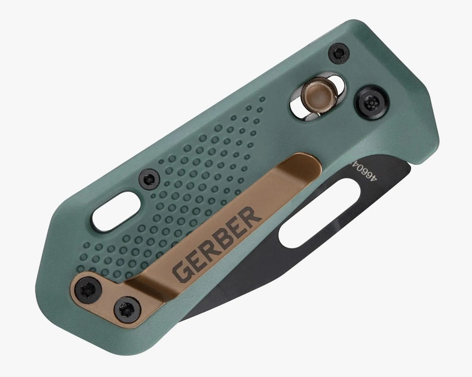 Green textured folding knife handle with bronze clip labeled "GERBER" and partially visible black blade.