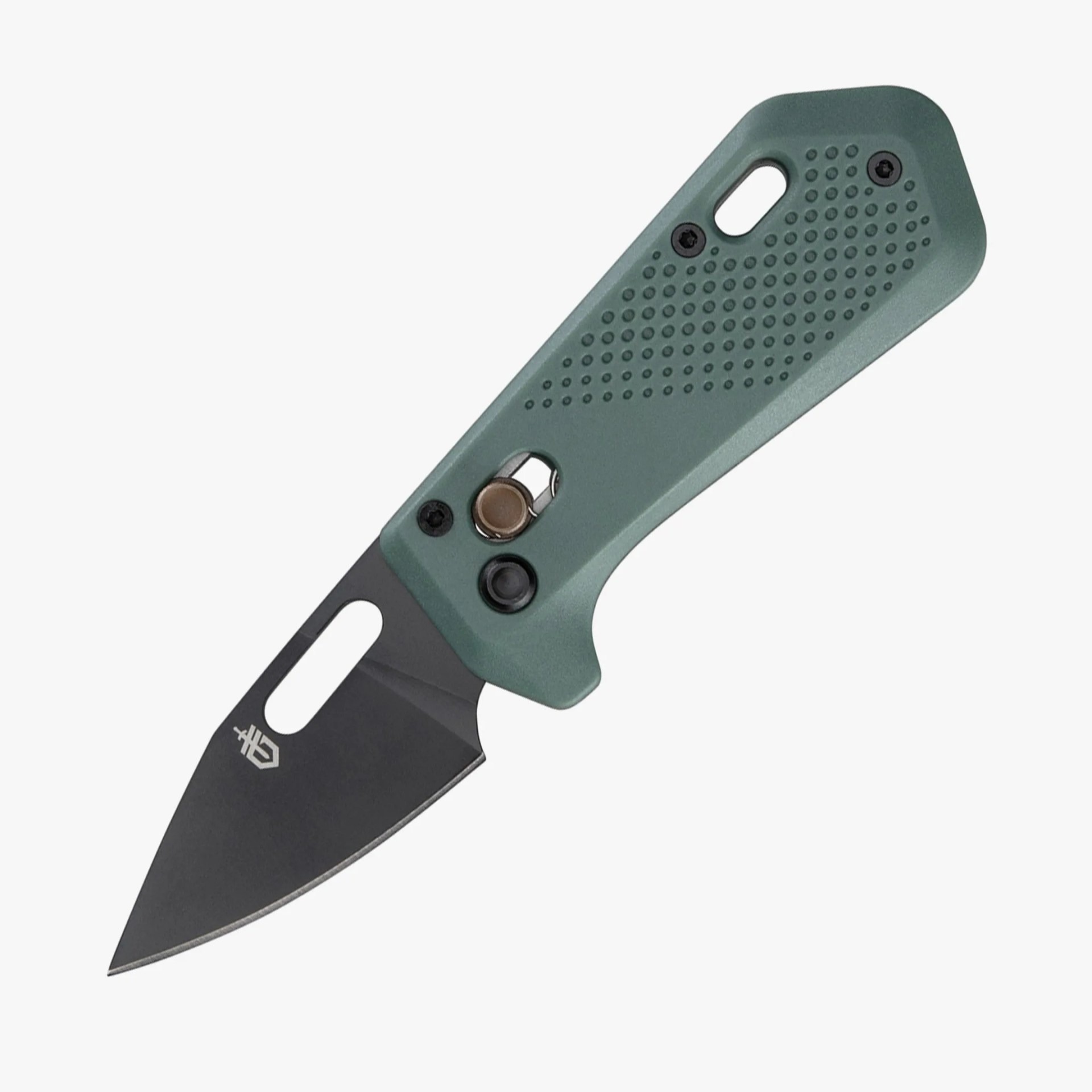 Green textured knife handle with black screws and a partially visible black blade with a cutout near the base.