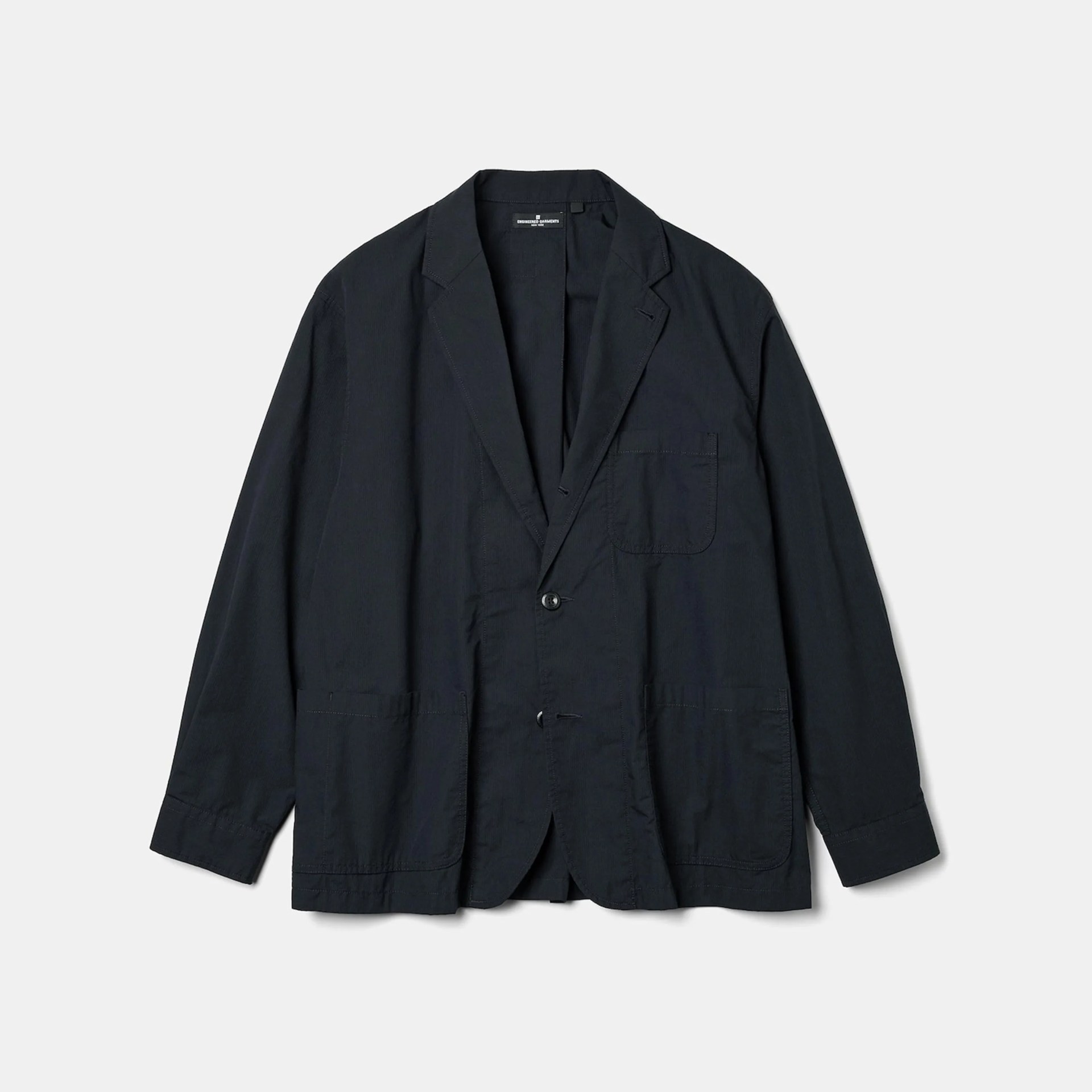 Black casual blazer with notch lapels and three patch pockets laid flat on a white background.