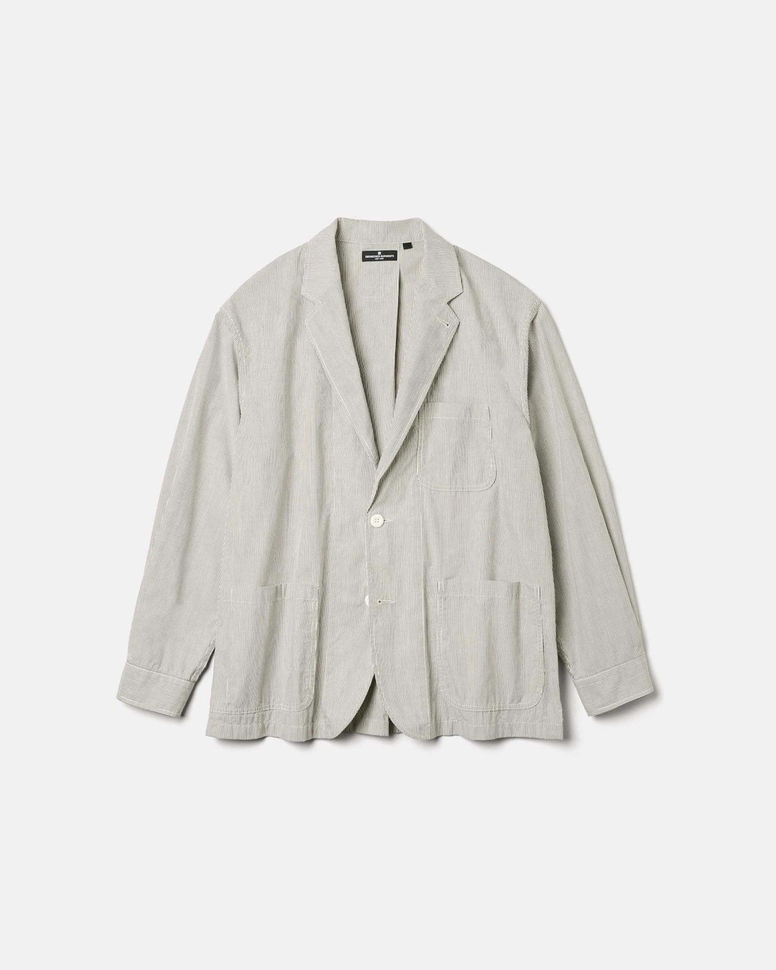 Light gray pinstriped blazer with notch lapels and three front patch pockets laid flat on a white background.