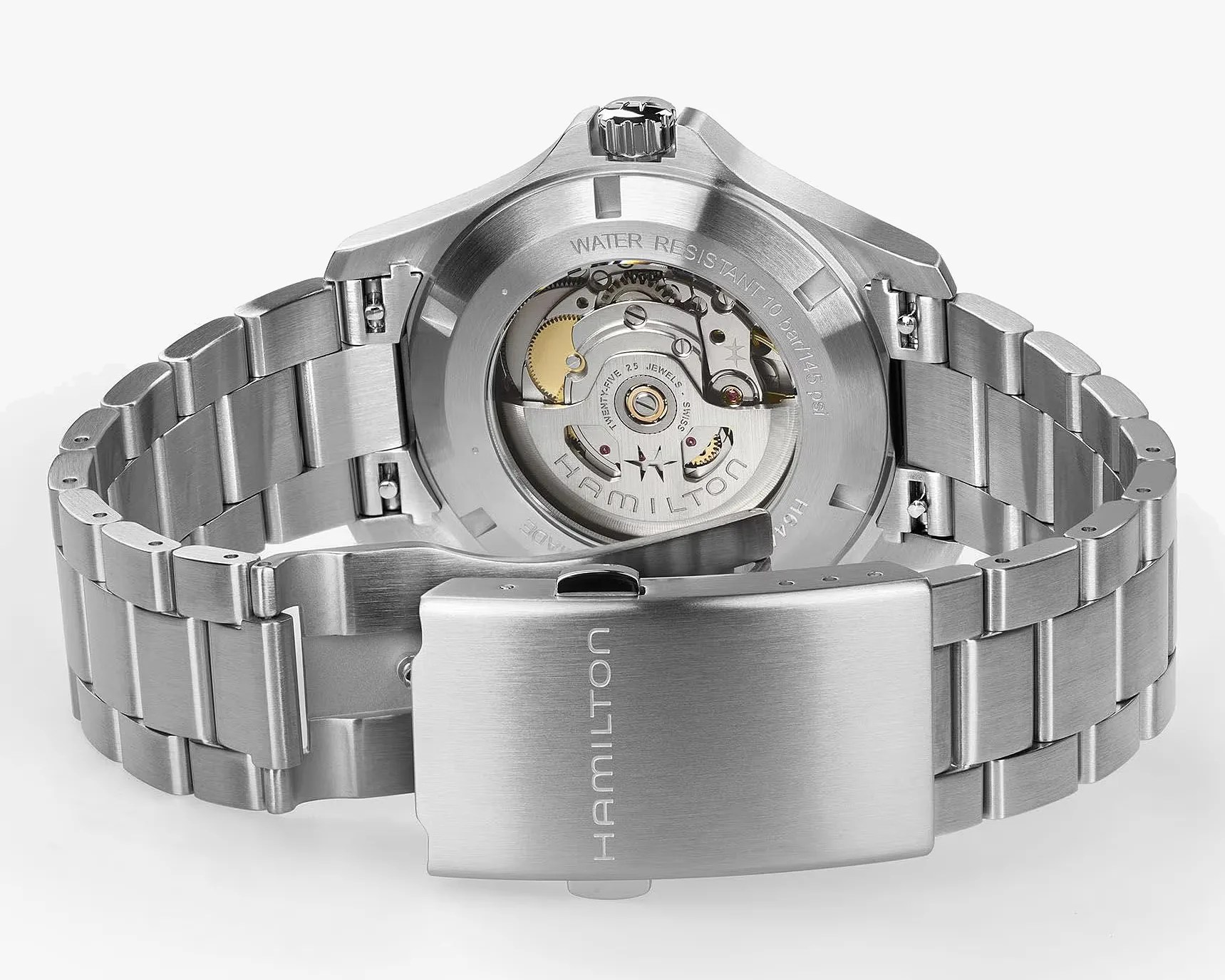 Brushed stainless steel Hamilton watch with visible automatic movement and clasp engraved with Hamilton logo.